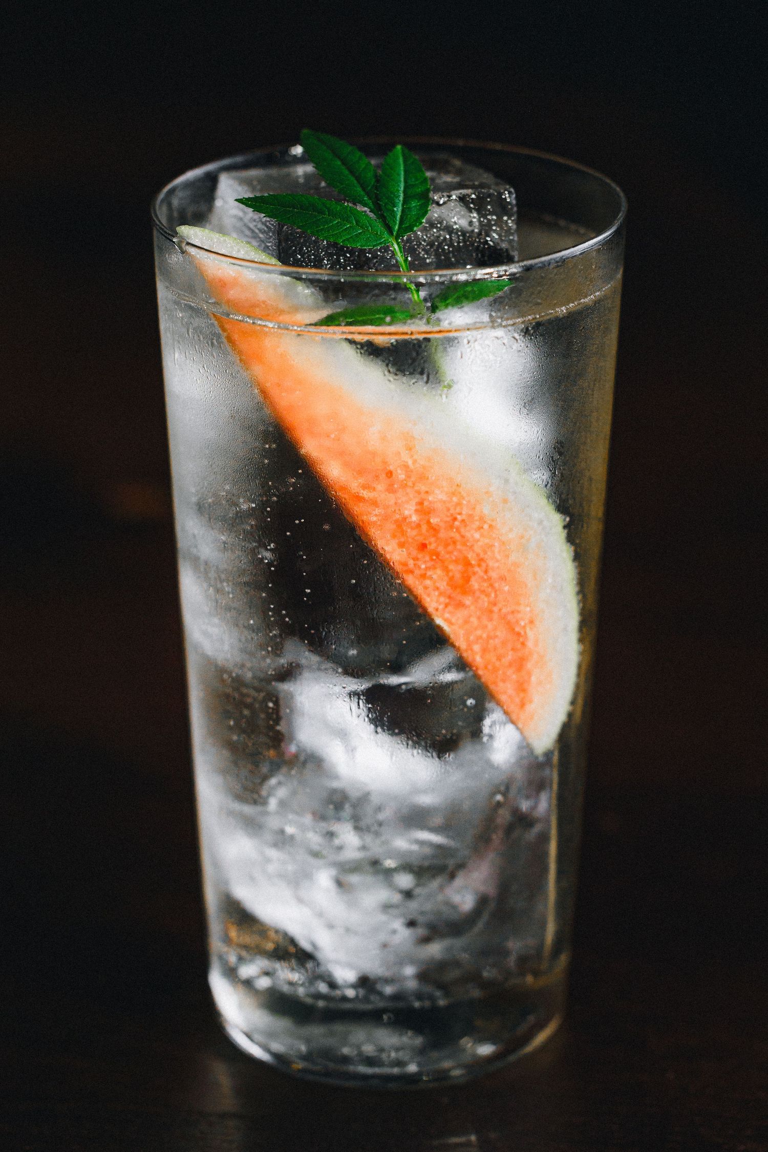 Clear cocktail with ice, grava slice and fresh herb garnish in a tall glass.