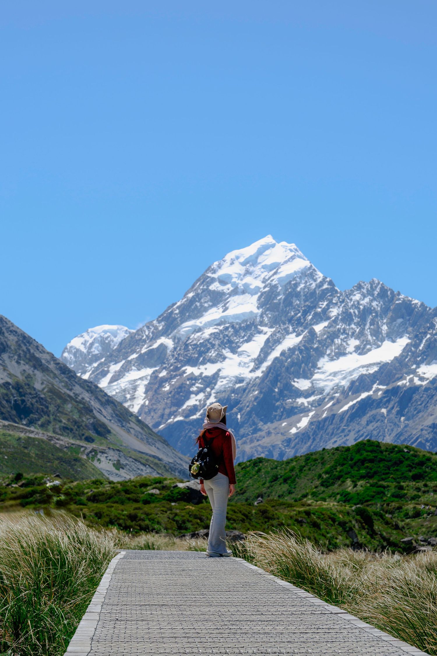 Hiker on boardwalk trail admiring snow-capped Aoraki Mount Cook, New Zealand.