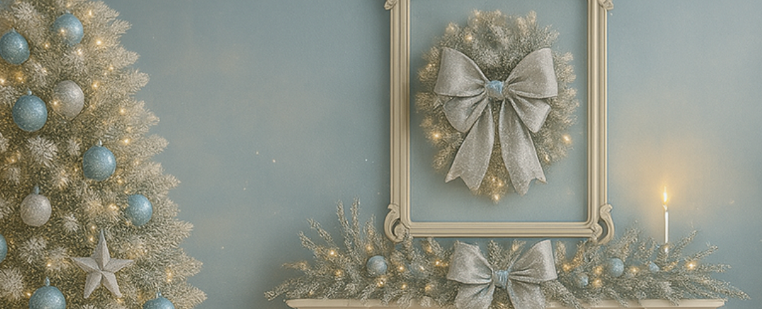 Elegant Christmas decor featuring a white flocked tree, candle, and silver decorative wreath on pale blue wall.