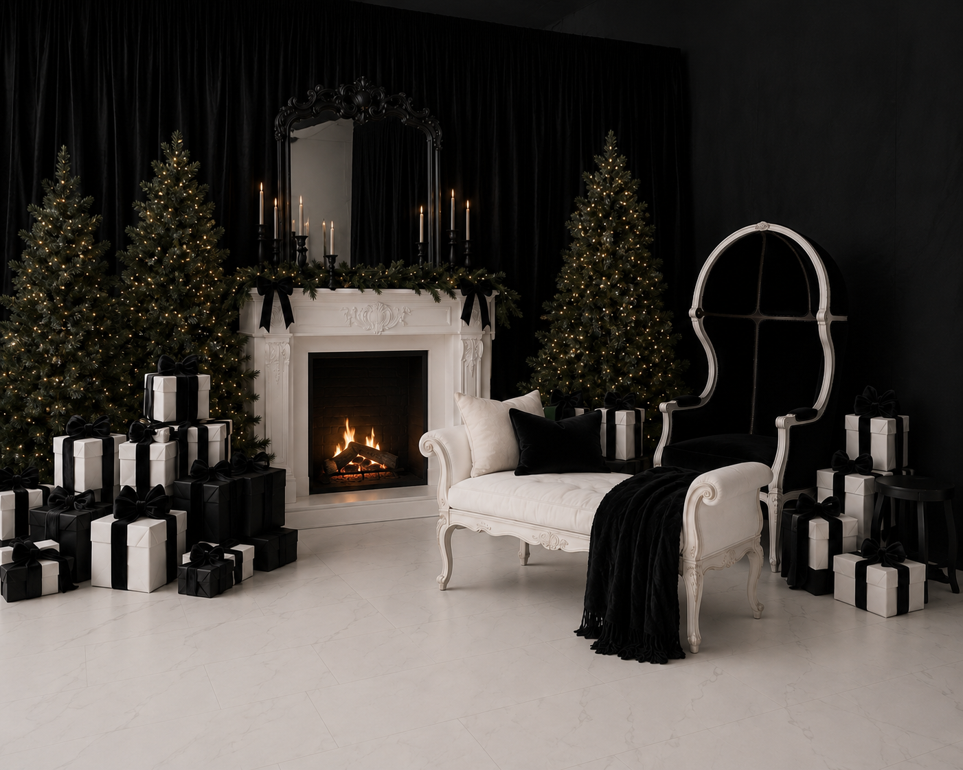 Elegant black and white Christmas room with lit fireplace, decorated trees, wrapped gifts, and a vintage white armchair.