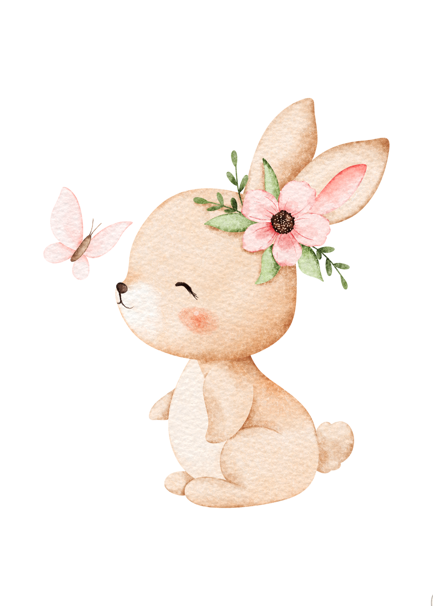 Adorable watercolor illustration of three pink baby bunnies with flowers and delicate botanical elements.