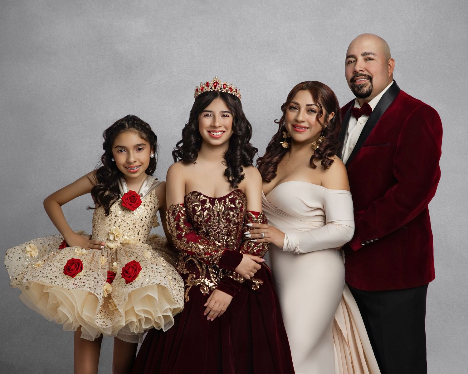 A series of professional studio portraits showing couples and groups in formal attire against a gray backdrop.