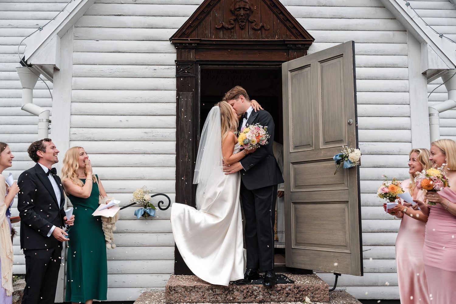 A series of wedding photos showing couples celebrating with confetti and joyful moments outside a white church.