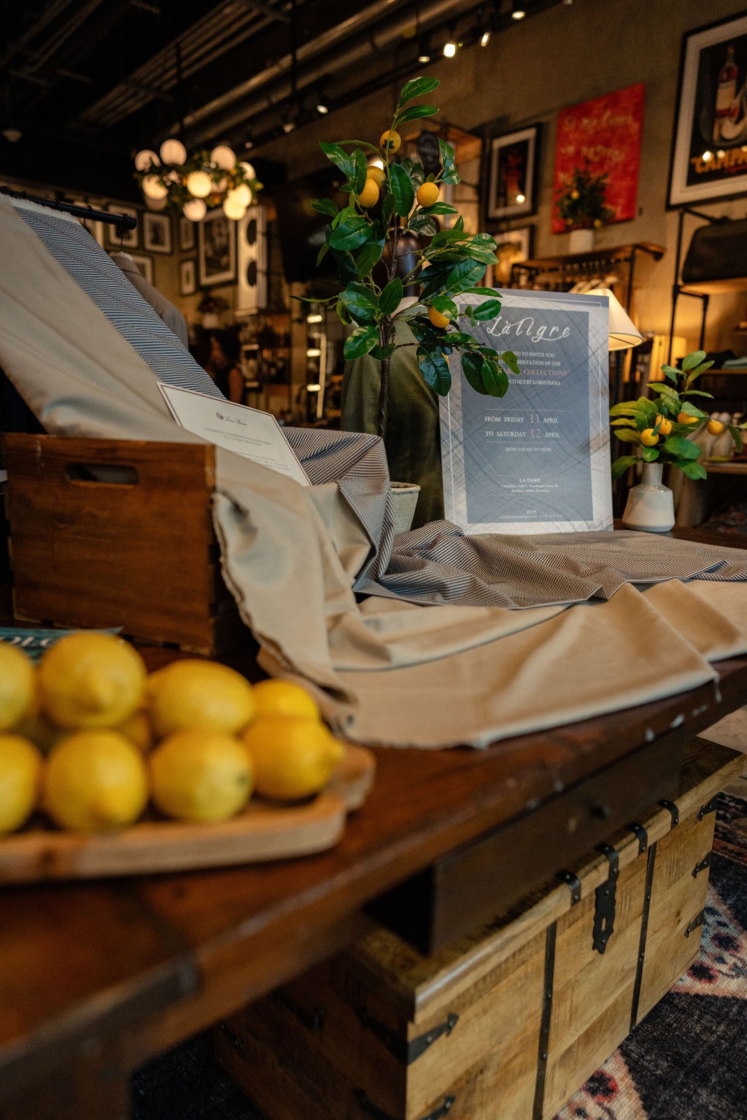 La Tigre store display with lemons, menu card, and lemon tree.