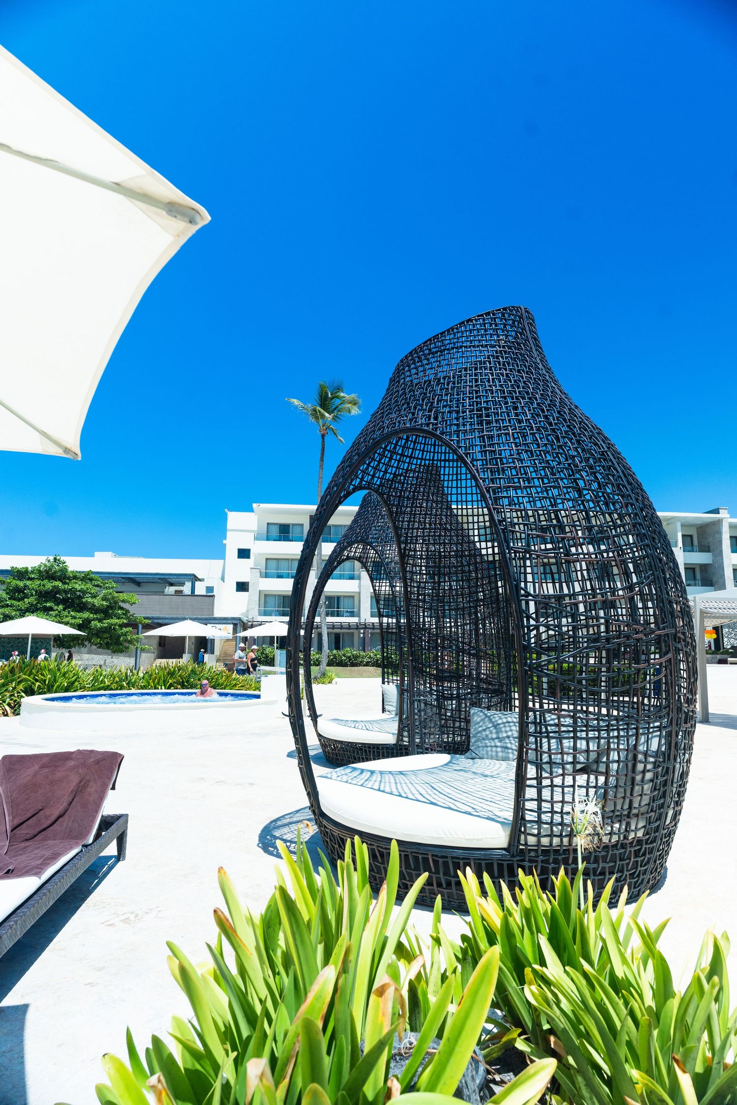 Modern wicker egg-shaped chair by resort pool under bright blue sky with palm trees.