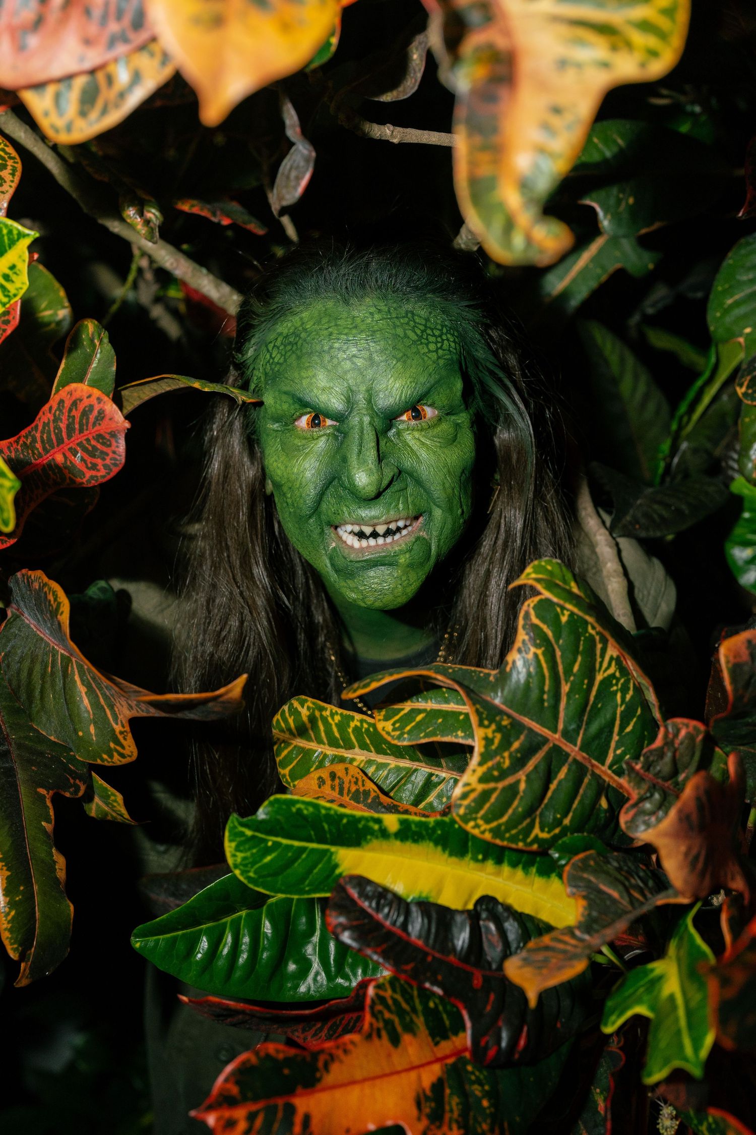 Menacing green creature with scaly face makeup and red eyes peering through colorful tropical leaves.