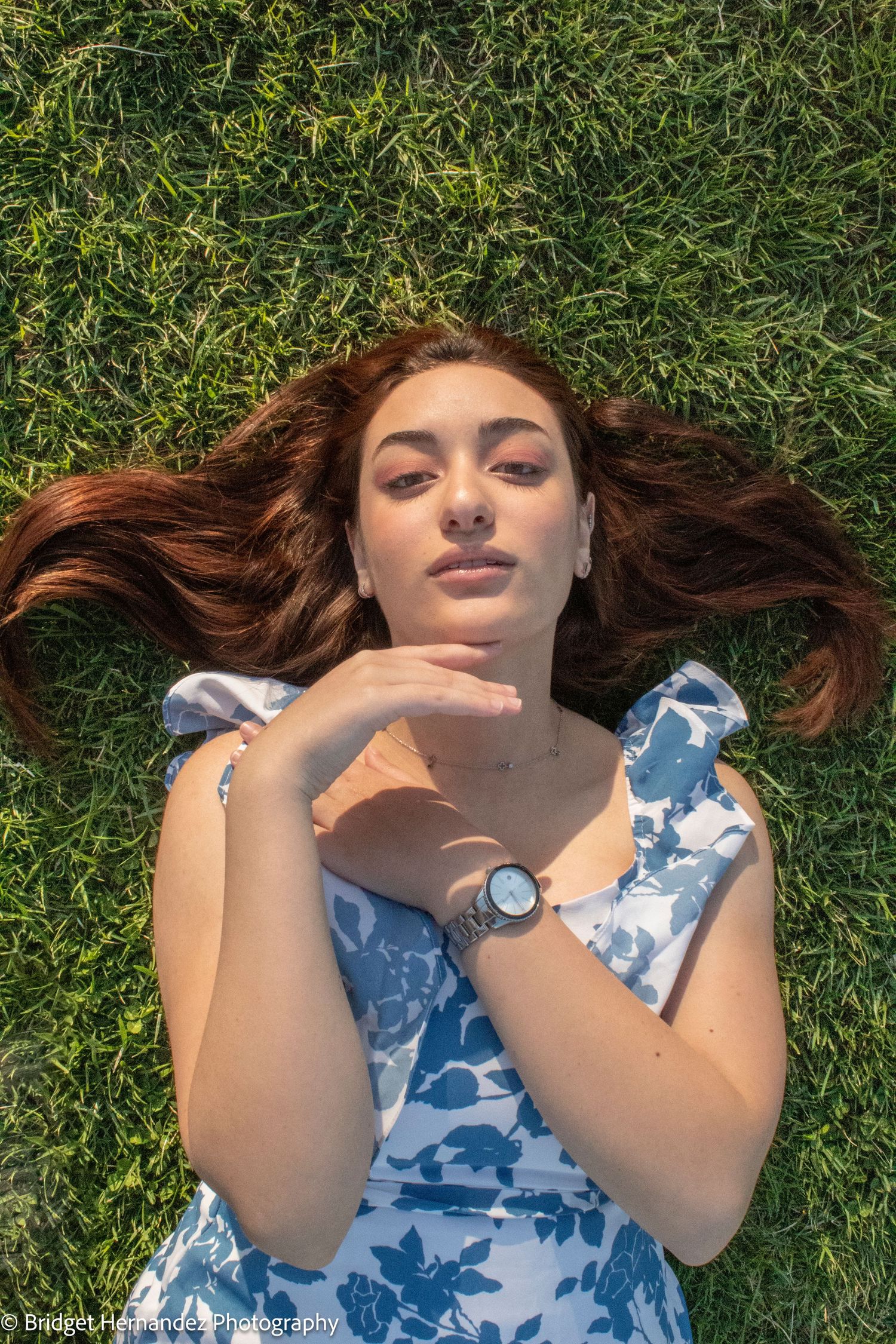 Lying on green grass wearing blue floral dress in artistic overhead composition.
