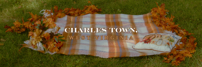 Autumn leaves scattered on grass with a Charles Town sign visible in the background.