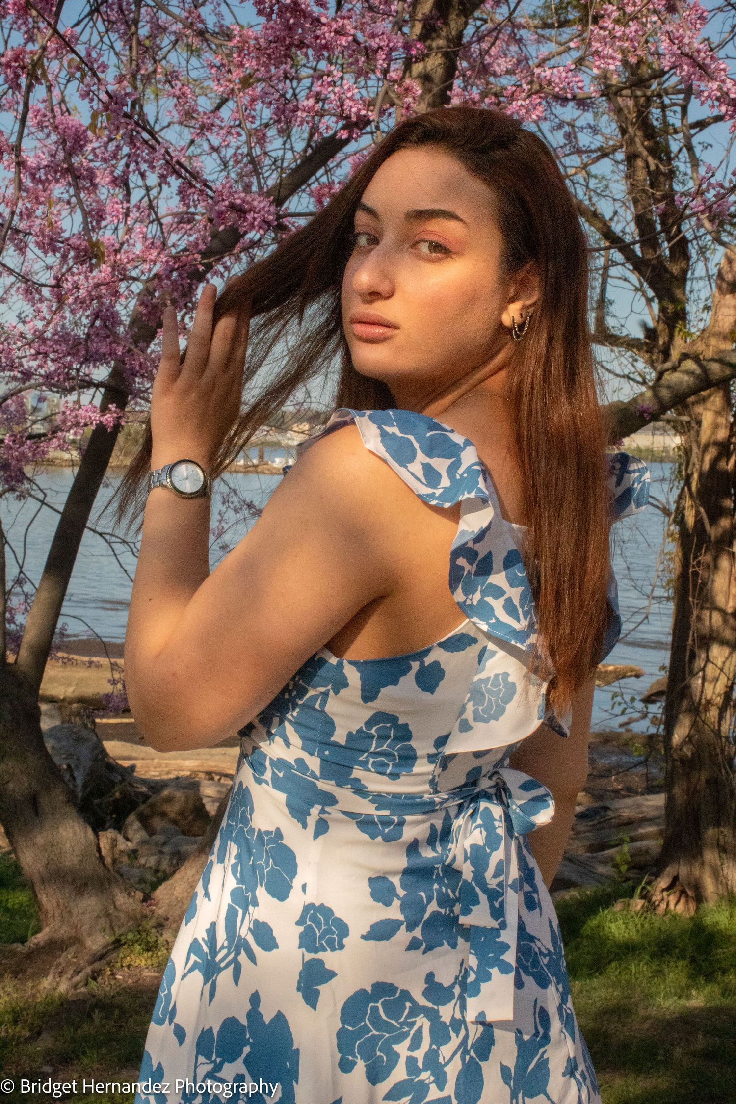 Beautiful spring scene showing blue floral dress against blooming pink cherry blossoms in natural lighting.