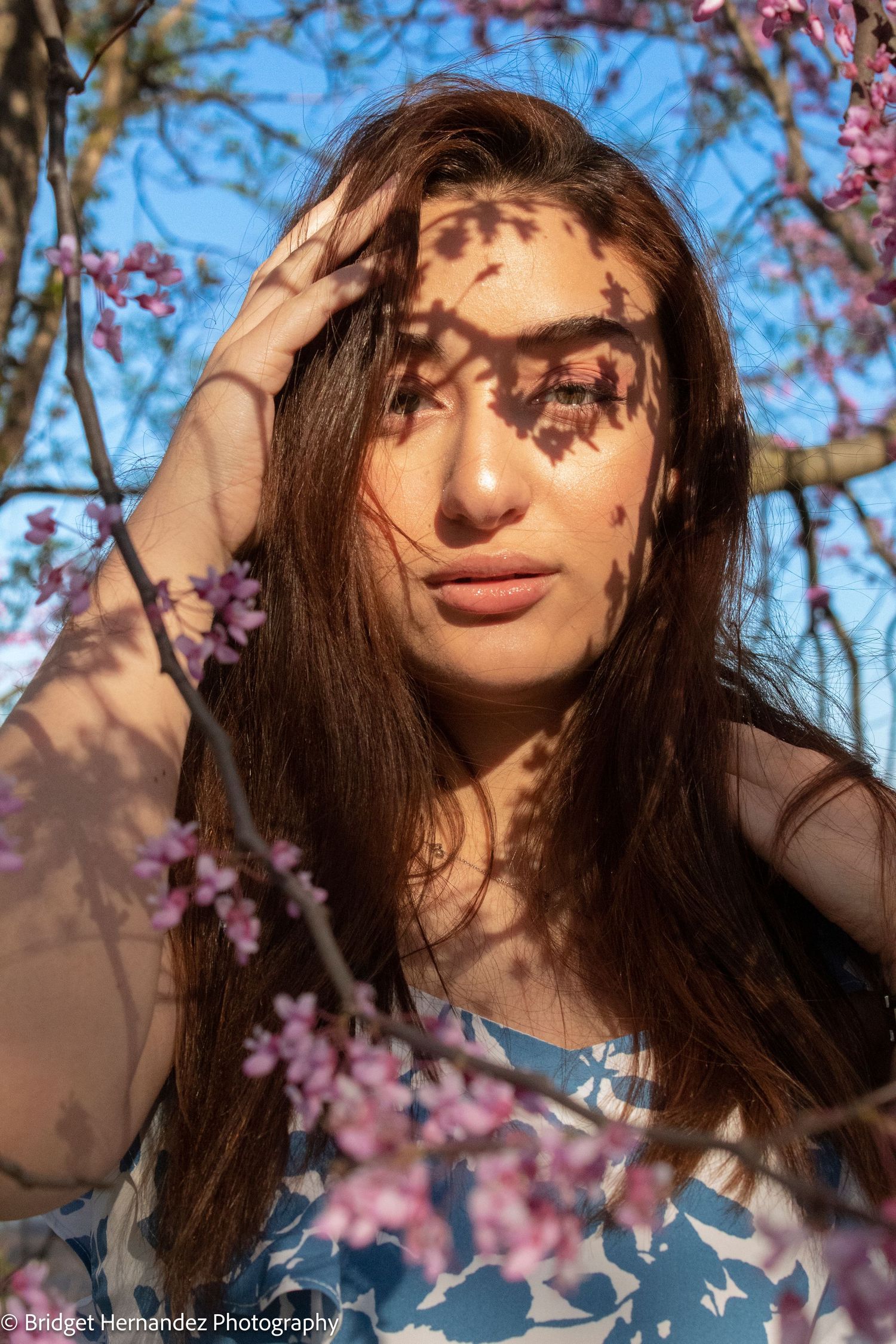 Spring portrait with cherry blossom shadows creating delicate patterns.