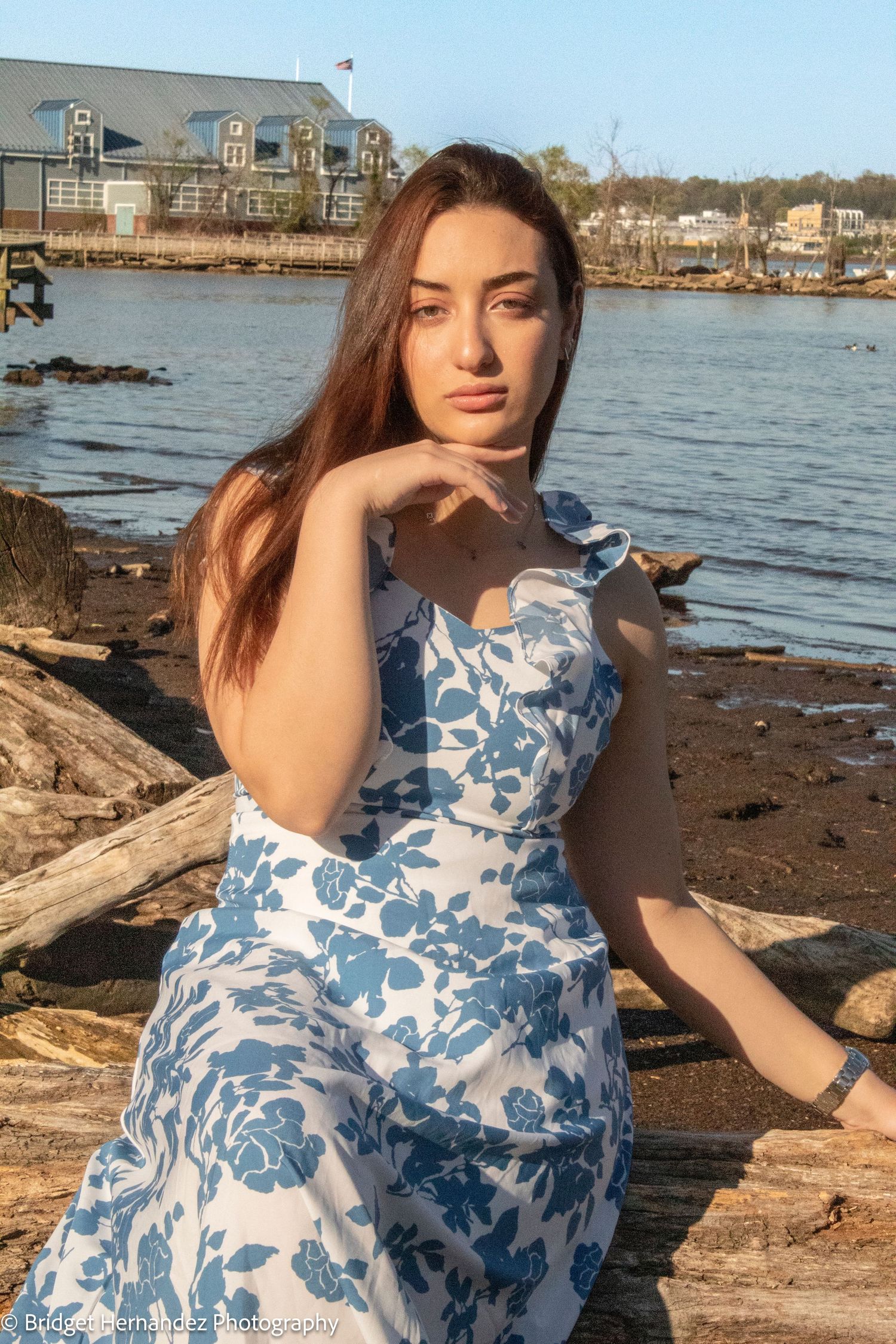 Blue floral dress seen against a coastal backdrop with water and buildings.