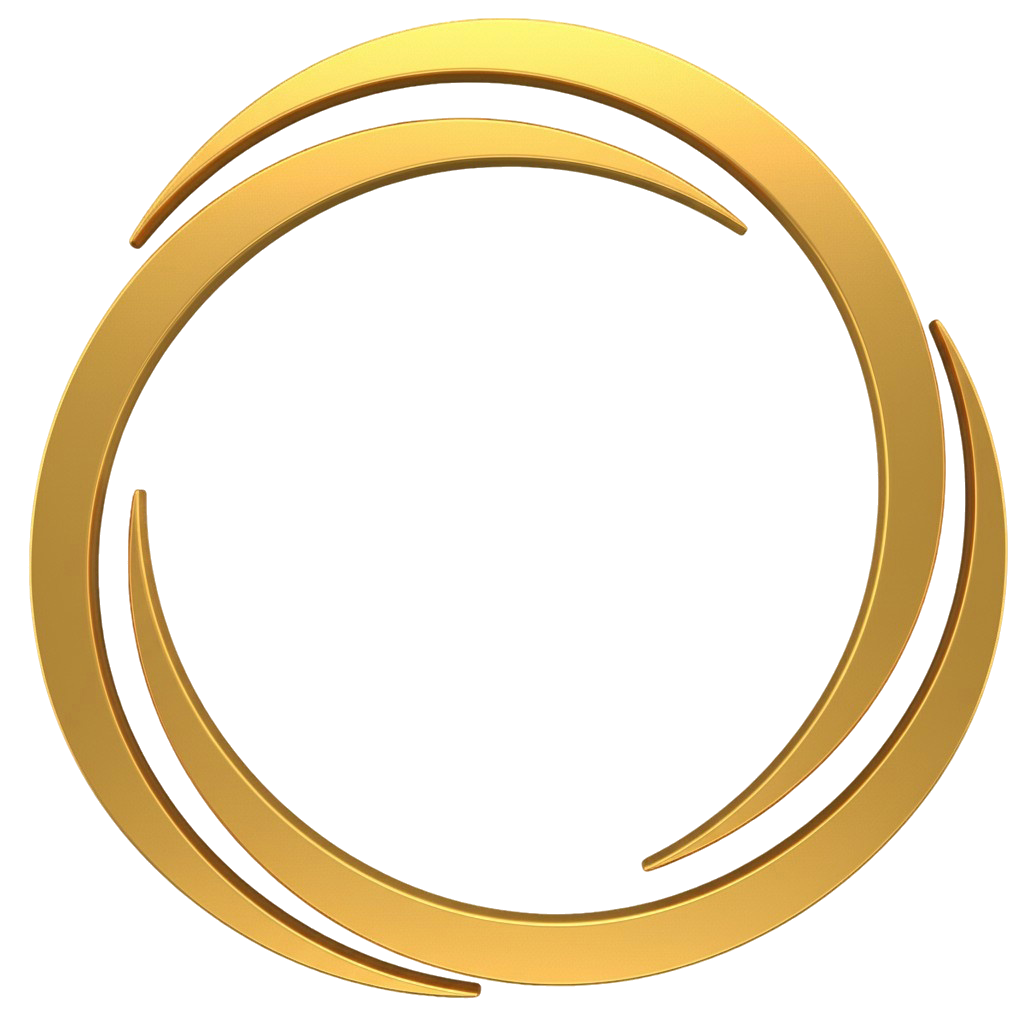 Three golden interlocking rings forming an abstract circular pattern on a white background.