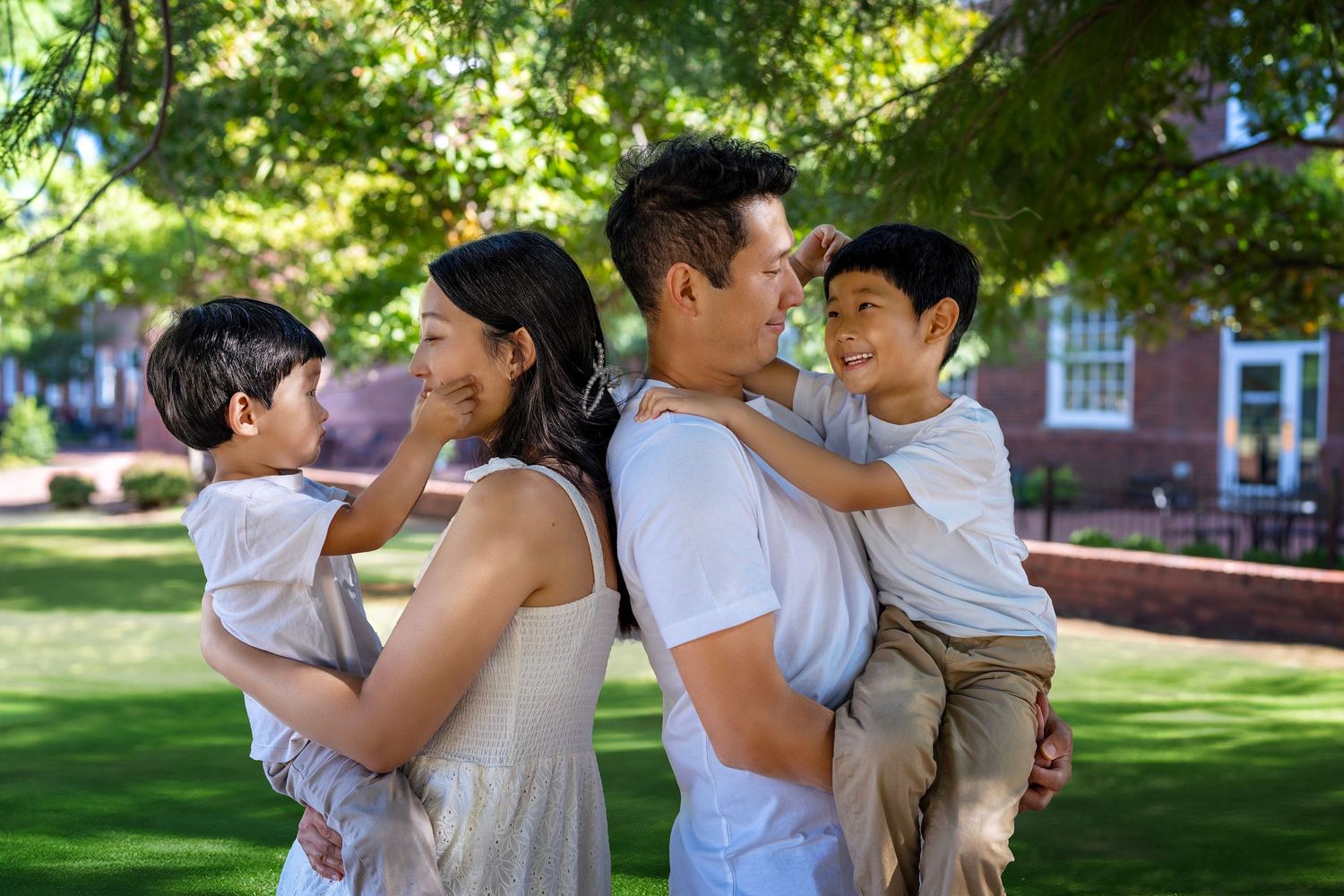 A series of seven romantic outdoor photos showing couples embracing on a sunny day in a park-like setting.