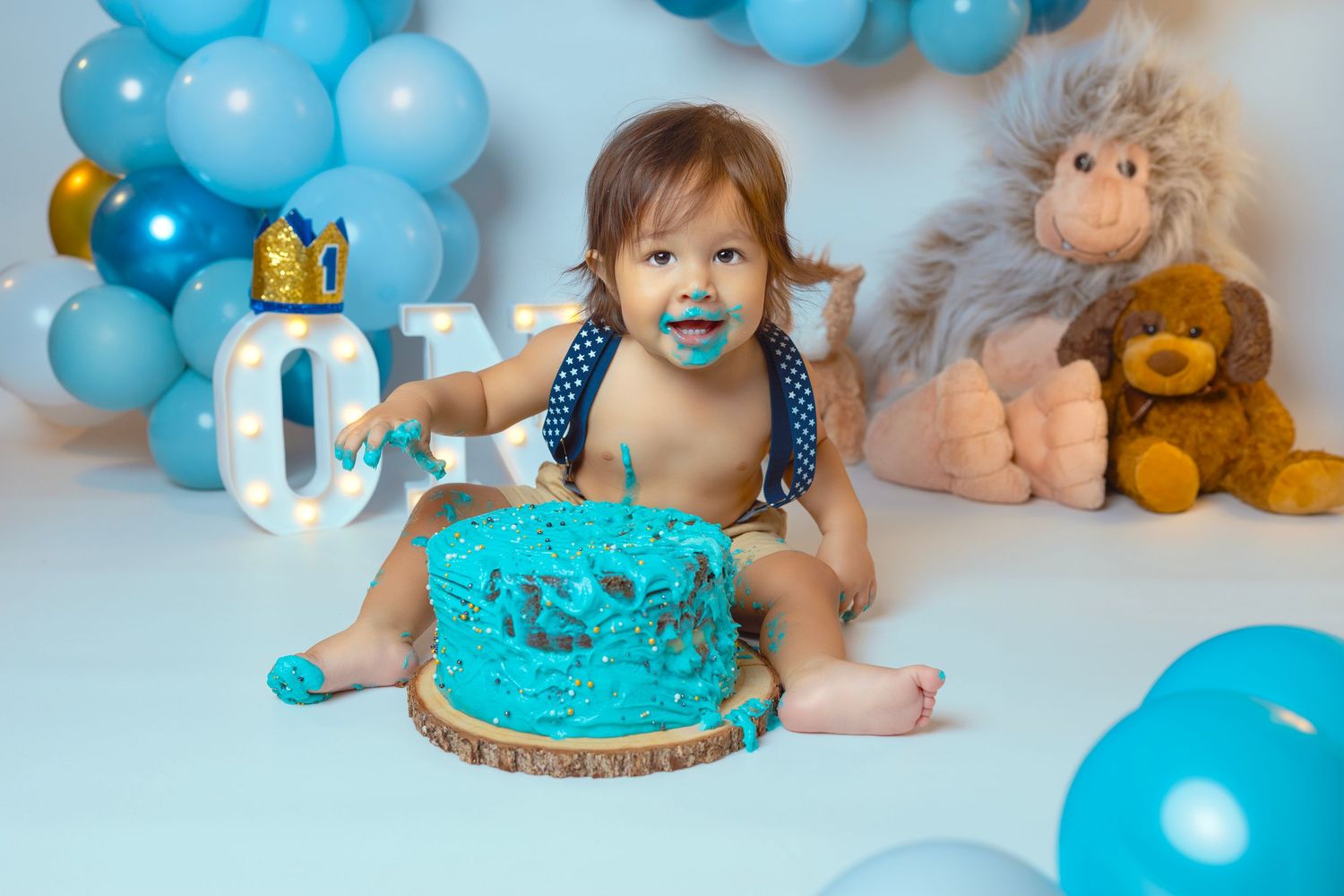 First birthday celebration with turquoise cake smash setup, blue balloons and stuffed animal decorations.