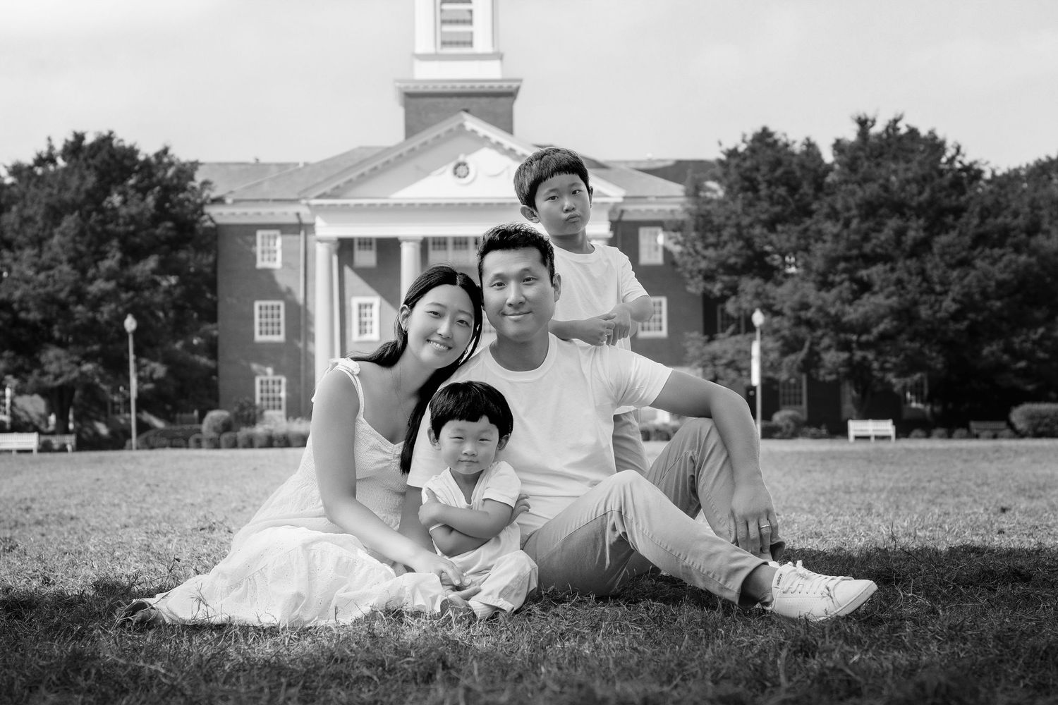 A black and white photo collage shows people relaxing on grass and enjoying outdoor activities at a church or campus.