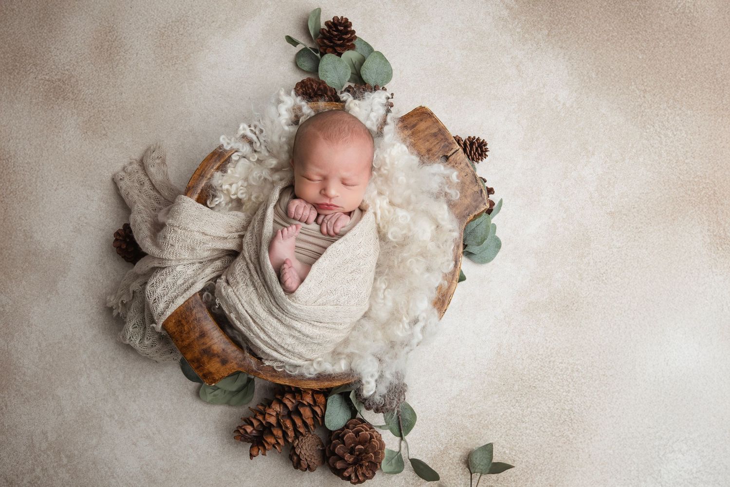 Baby in white wrap surrounded by vintage decor and pine cones on cream background.