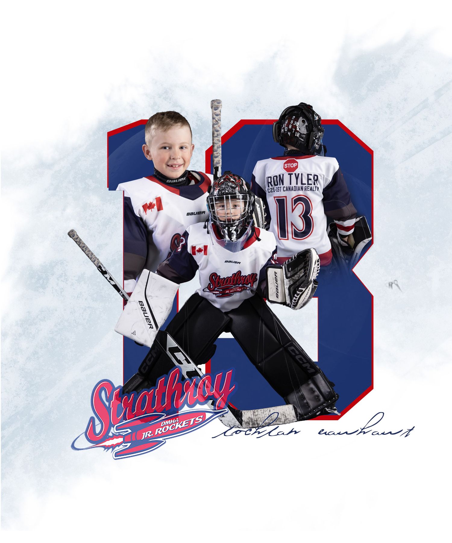 Two young hockey players in Strathroy Rockets jerseys, one a goalie, posed for a team photo composite.