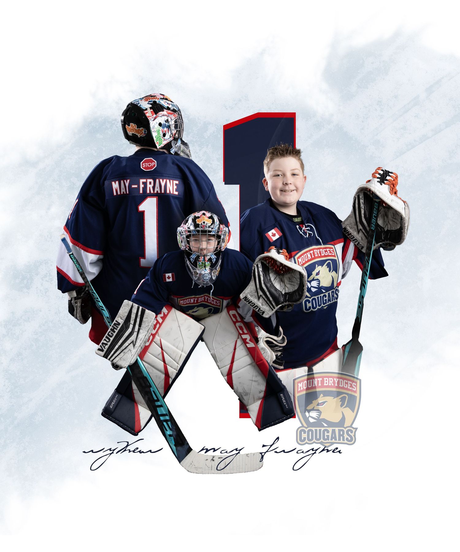 Young hockey goalie May-Frayne wearing navy blue Cougars jersey number 1, posed with goalie equipment in composite sports photo.