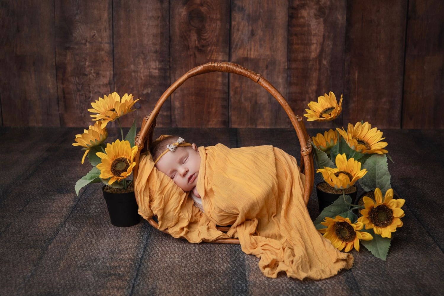 Rustic autumn themed newborn photo with basket, sunflowers, and golden wrapping.