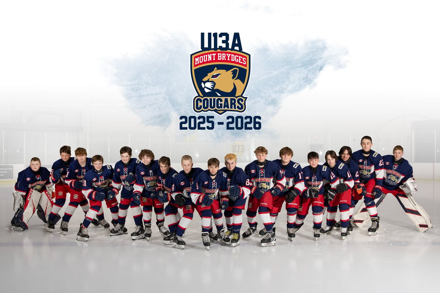 U13A Cougars 2025-2026 youth ice hockey team photo with players in navy and red uniforms on ice rink.