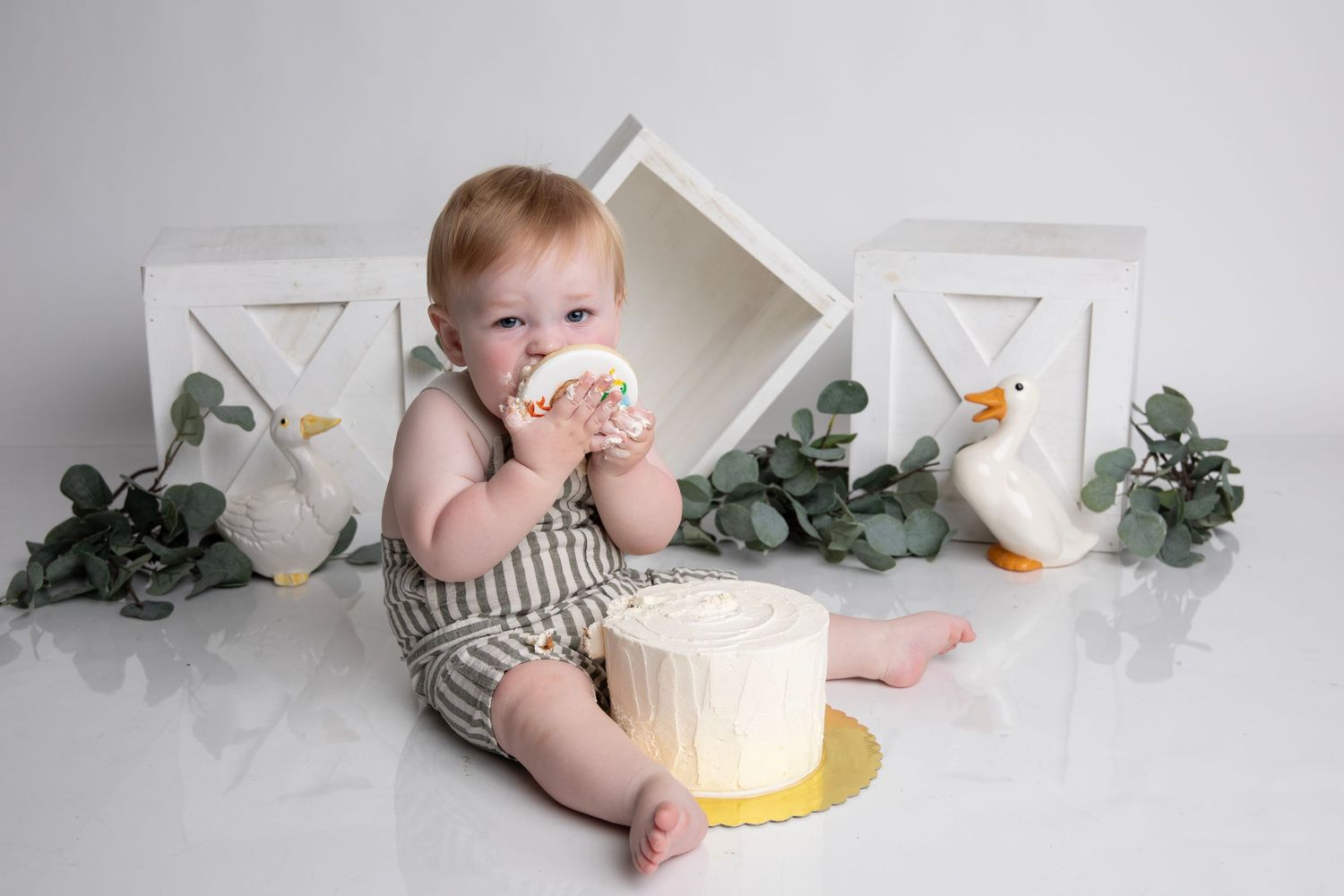 Baby photography setup with white props, greenery, and decorative elements.