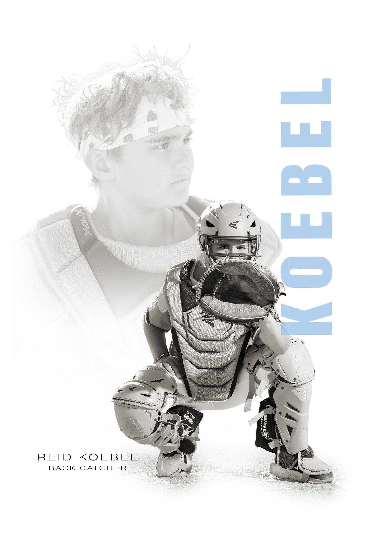 Youth baseball catcher Reid Koebel in full gear crouching in ready position, sports portrait with name overlay.