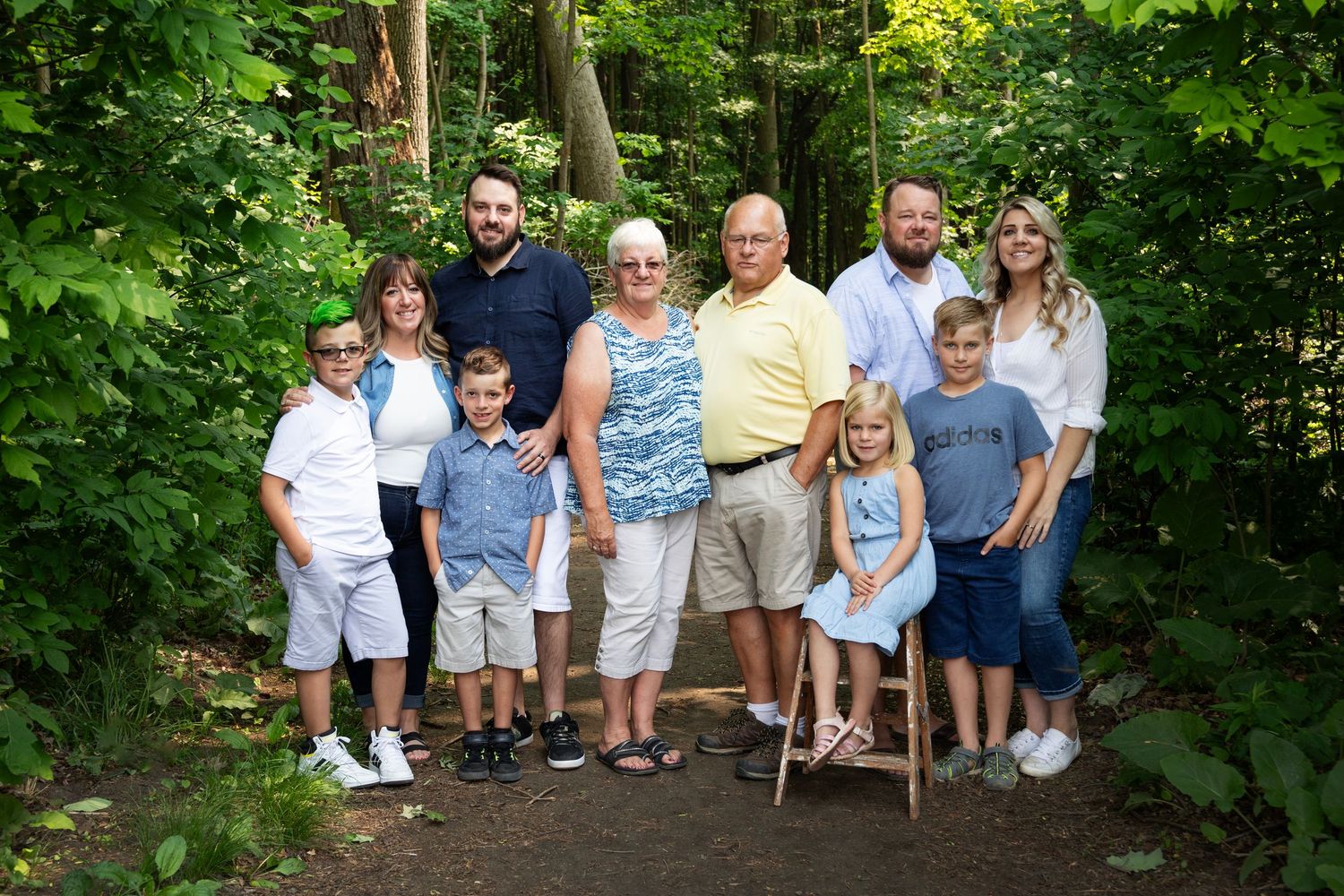 Extended family gathering in a lush green summer garden setting.
