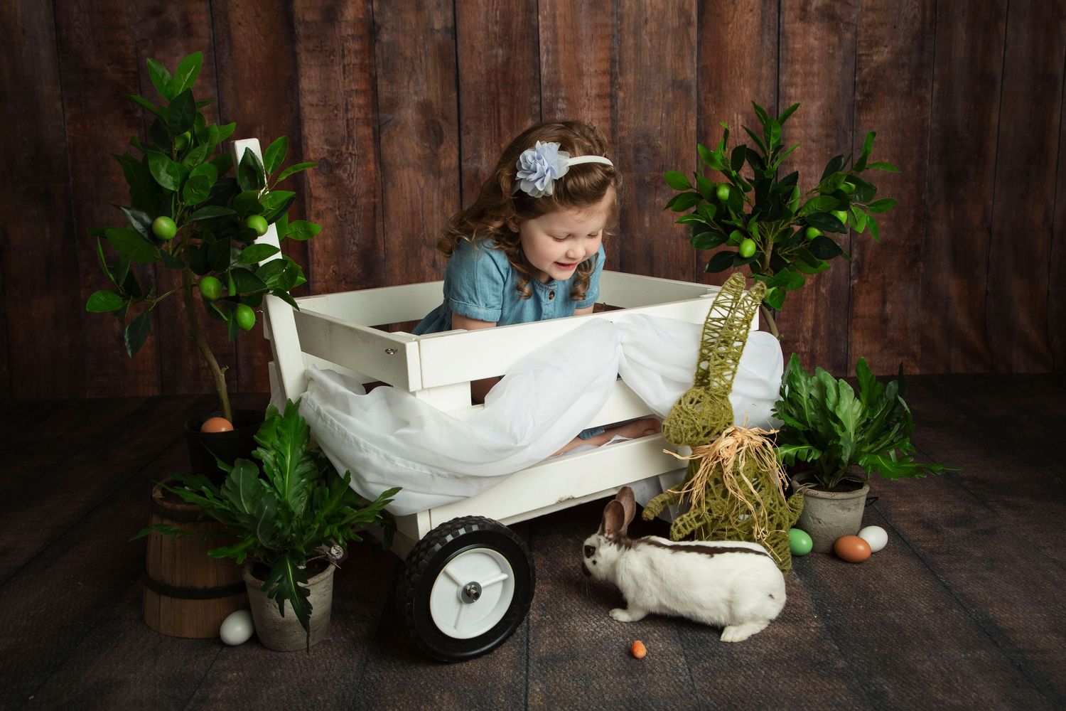 Rustic wooden backdrop with green plants and white decorative elements arranged in a studio setting.