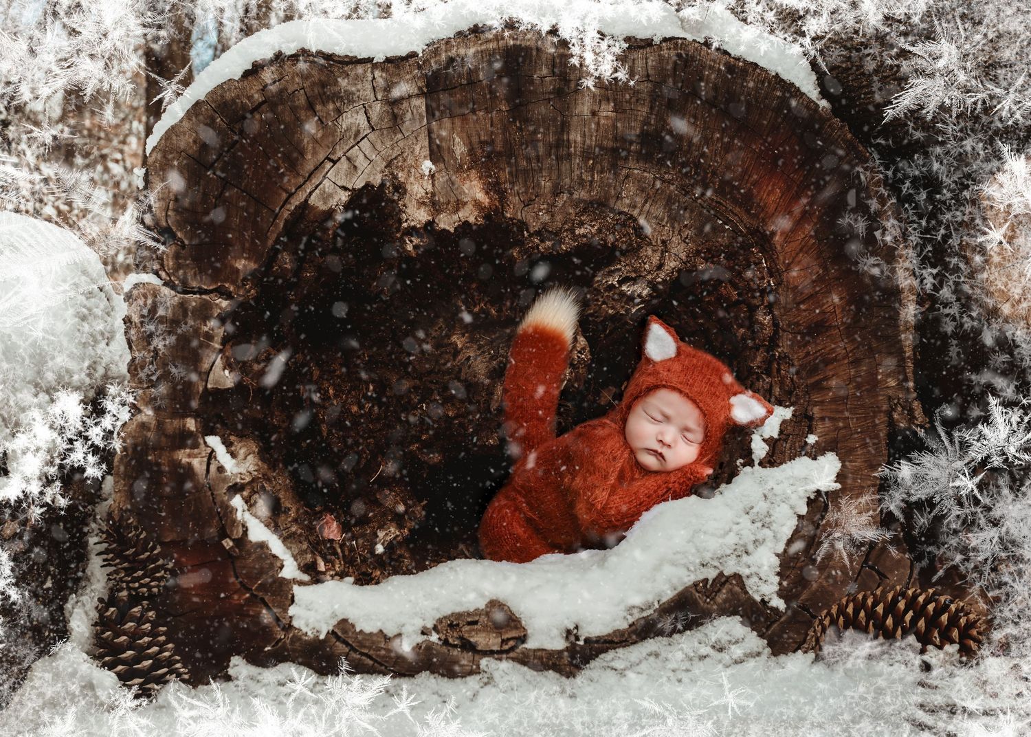 Baby in fox costume sleeping in snowy winter woodland scene with pinecones.