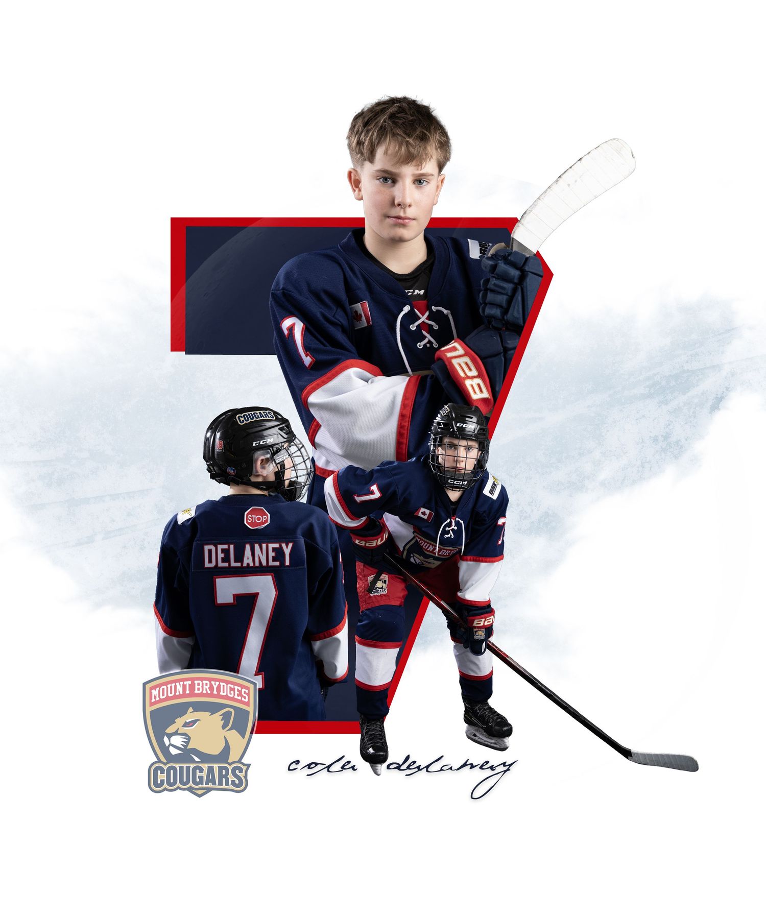 Cole Delaney, number 7, poses in hockey gear for the Mount Brydges Cougars in a dynamic composite sports photo.