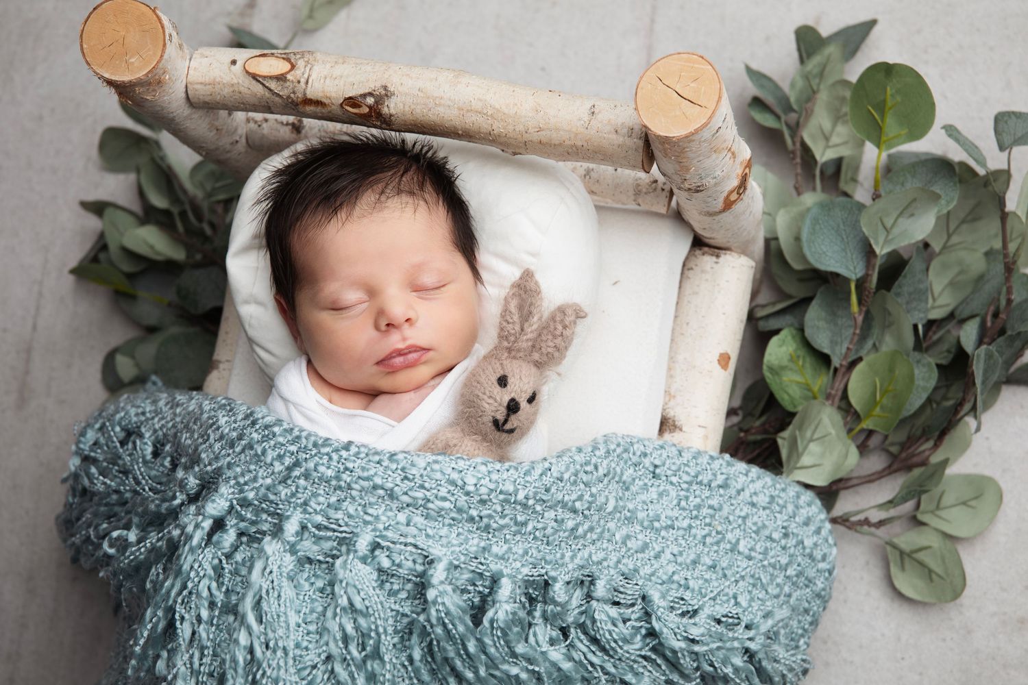 Infant resting on rustic wooden prop with soft teal blanket and greenery accents.
