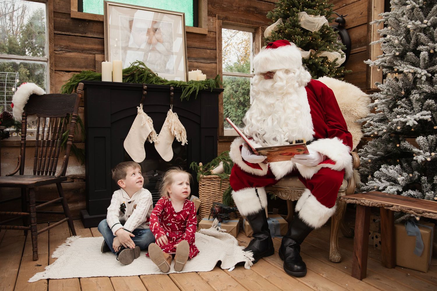 A heartwarming Christmas scene shows children sharing special moments with Santa Claus in a cozy wooden cabin setting.