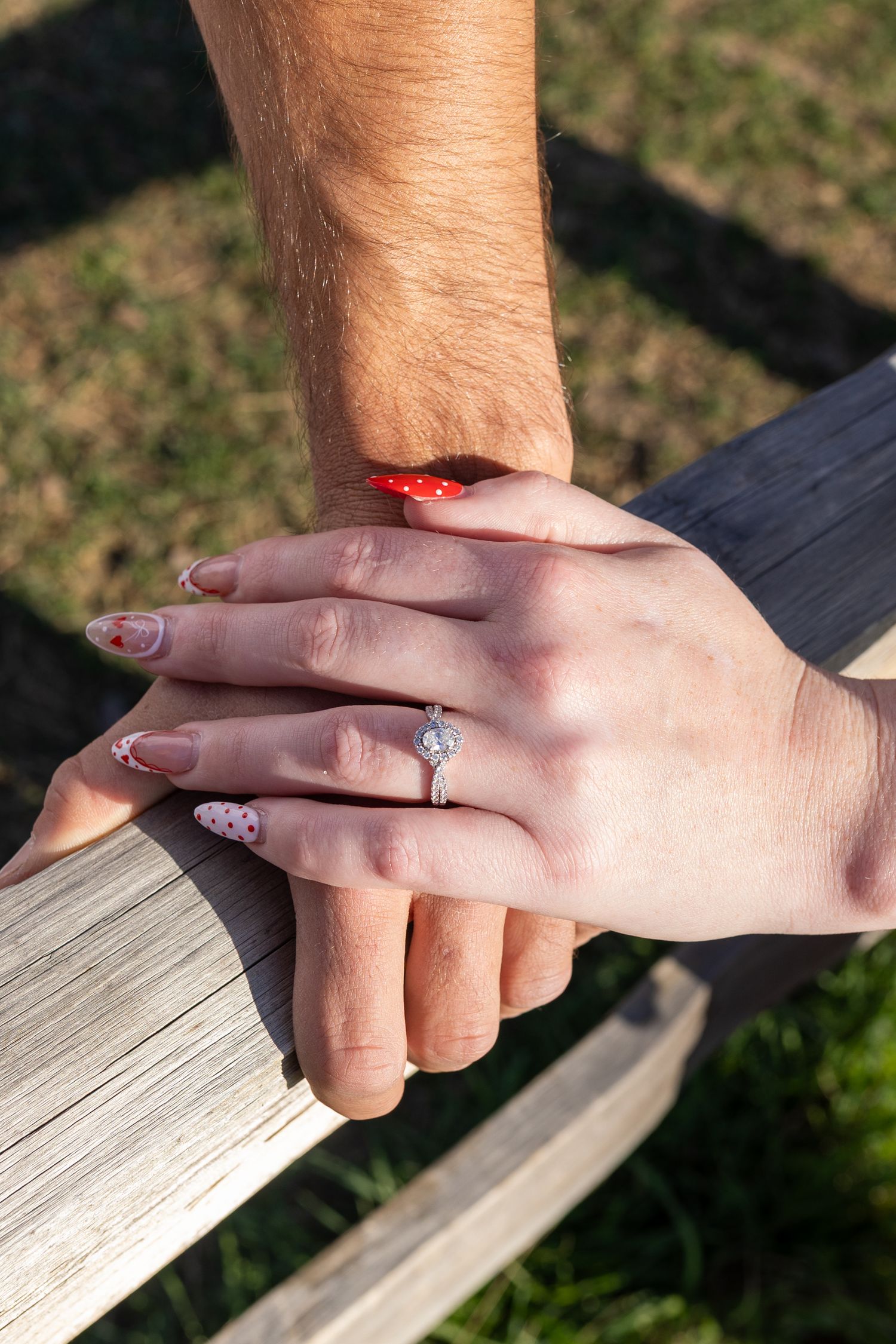 A series of photos showing two hands holding a wooden railing outdoors in natural sunlight.