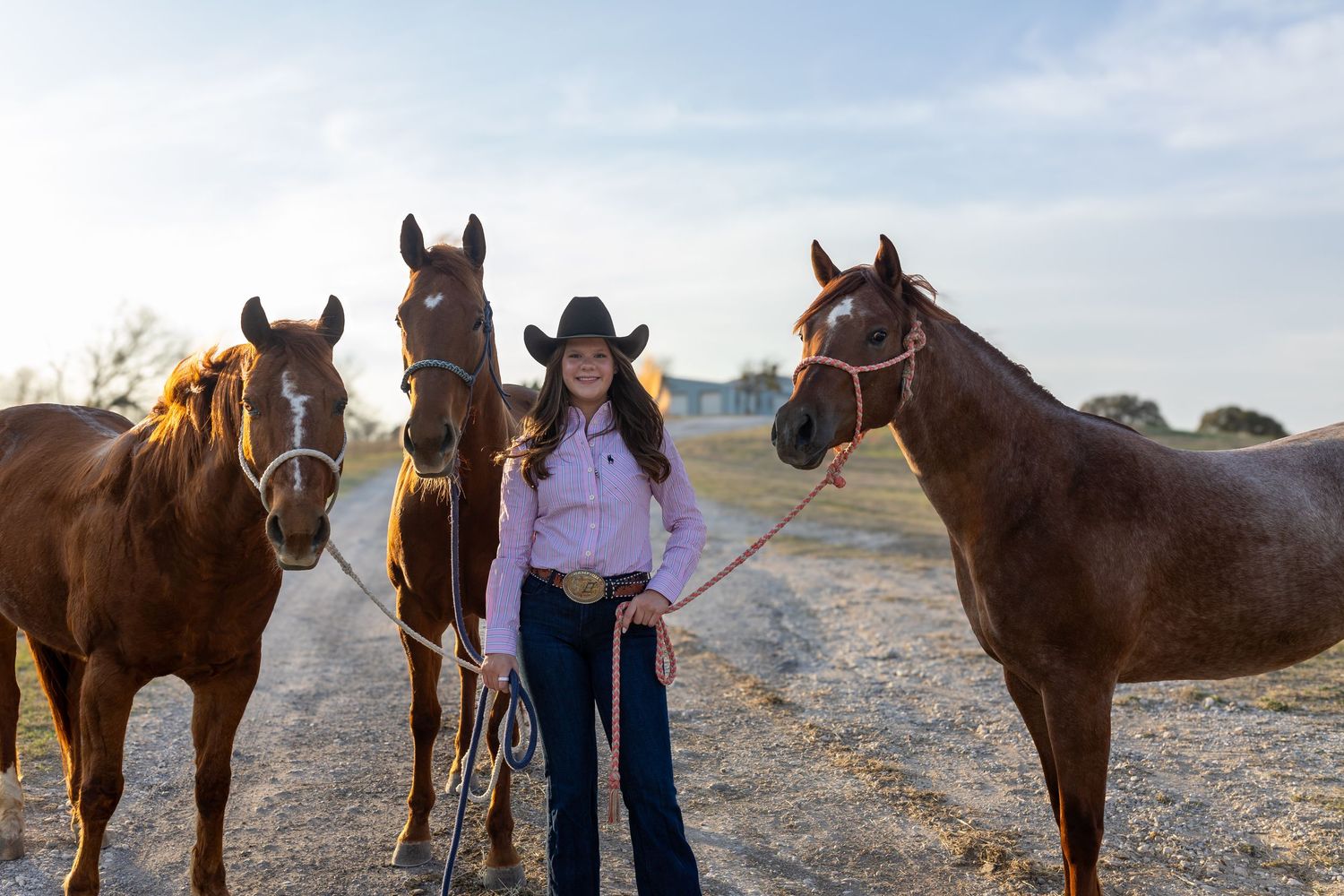 Horses and riders gather on a dusty desert trail at sunset with mountains in the background.