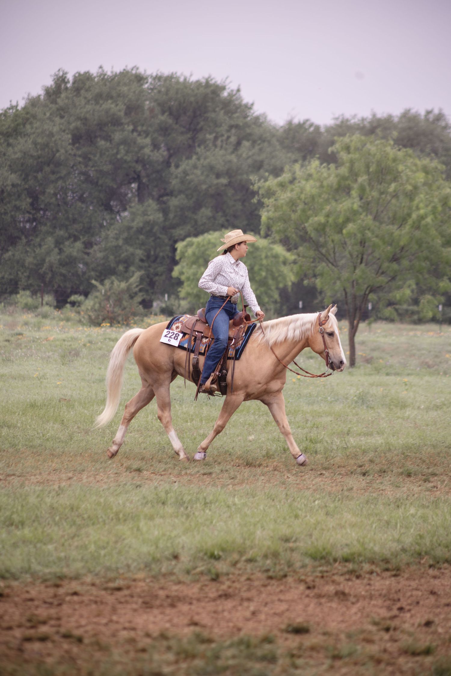 A cowgirl in a white shirt and hat rides a palomino horse across a green field during an outdoor equestrian event.
