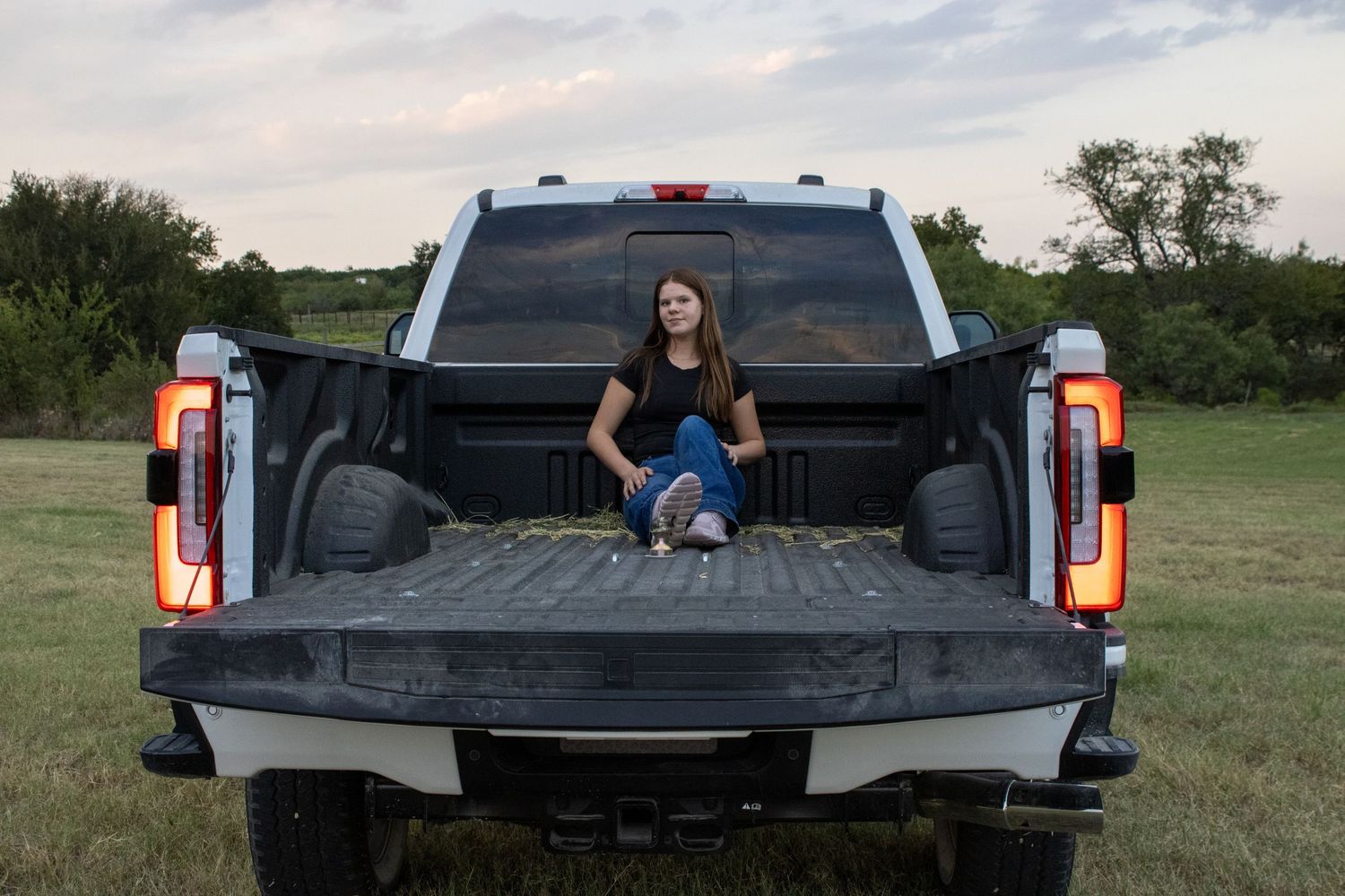 A pickup truck tailgate view in a grassy field at dusk.