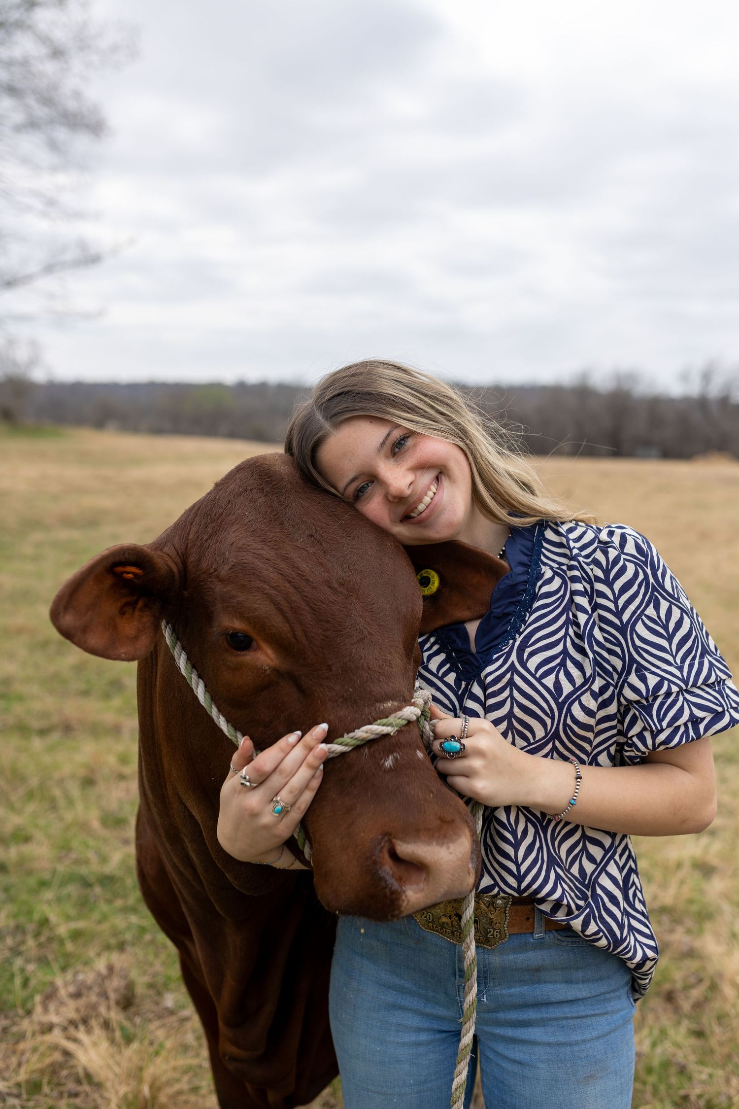 A brown cow and person share a tender moment in a grassy field on an overcast day.