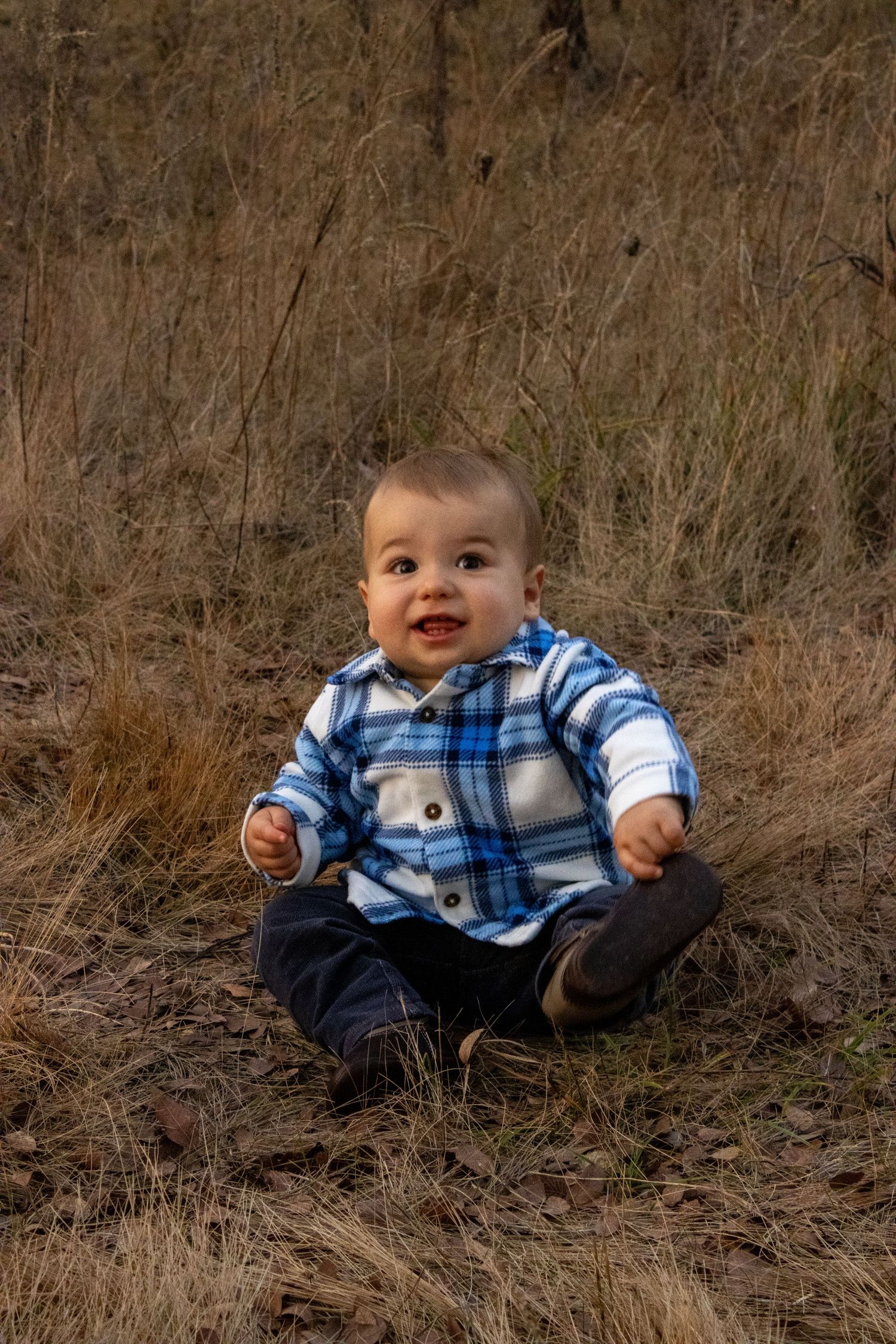 A series of photos showing a baby in a blue plaid shirt sitting on brown grass during autumn.