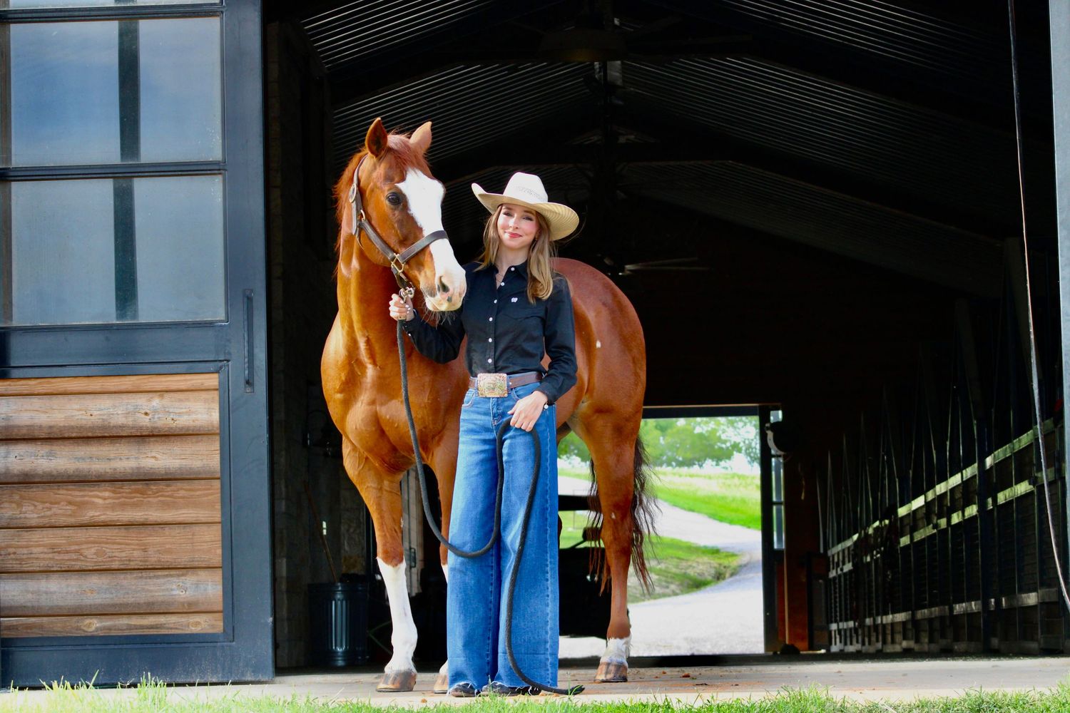 Brown horse standing in front of a wooden barn with open doors.