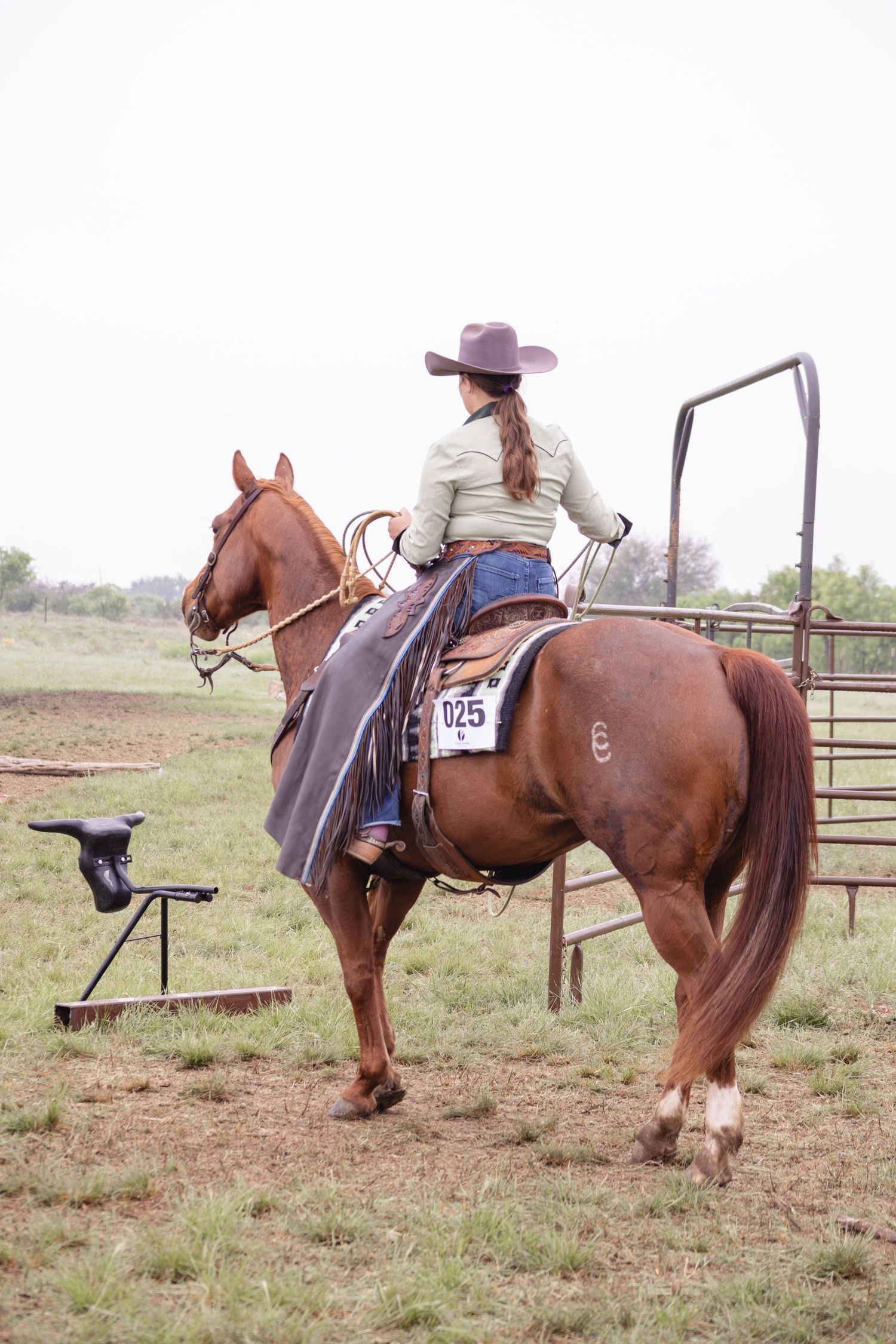 A cowgirl in a purple hat rides a chestnut horse numbered 025 at an outdoor rodeo competition.