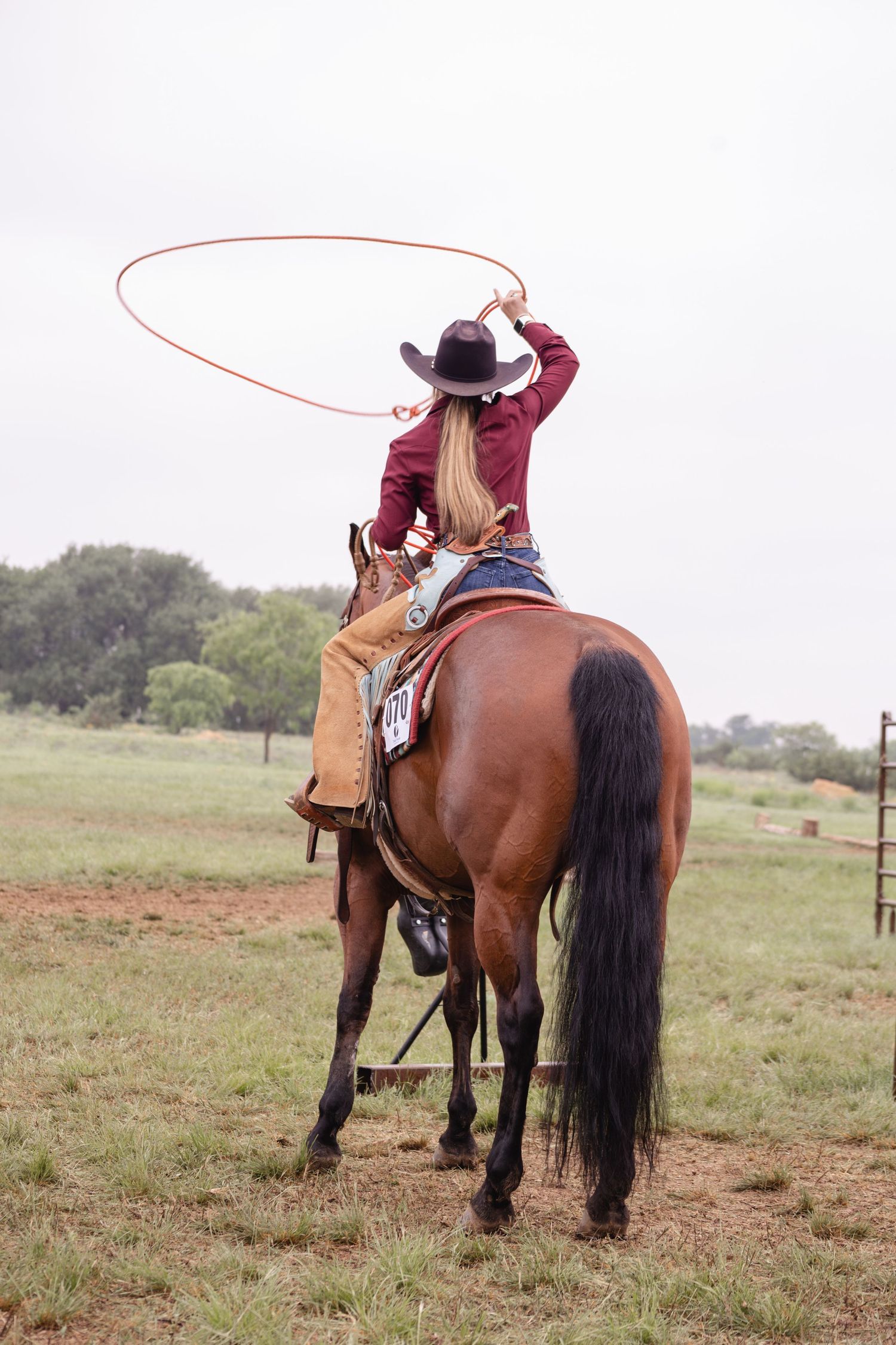 A cowgirl in a black hat swings a red lasso while riding a brown horse in an open field.