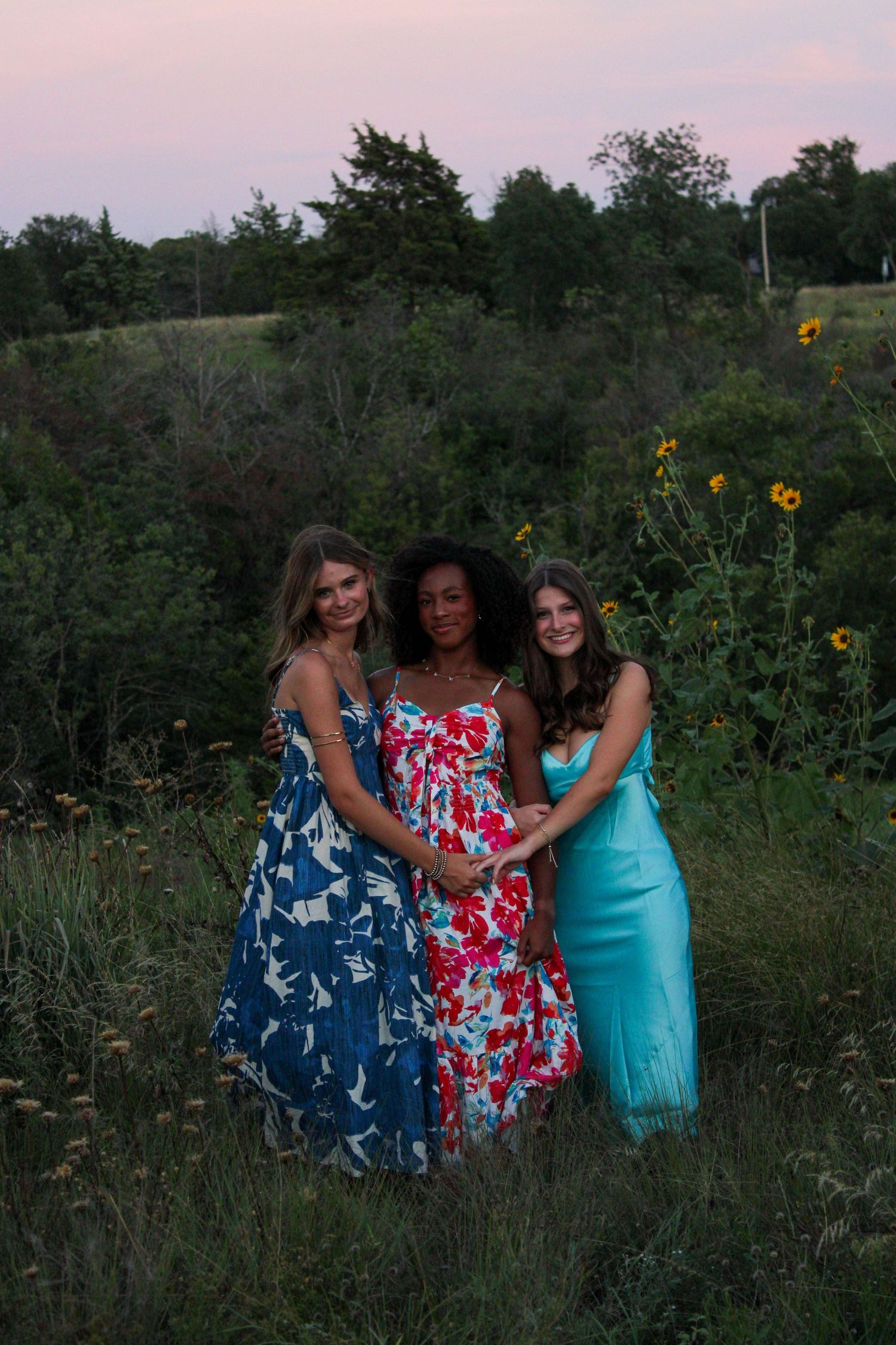 Friends in colorful summer dresses gather in a field at dusk.