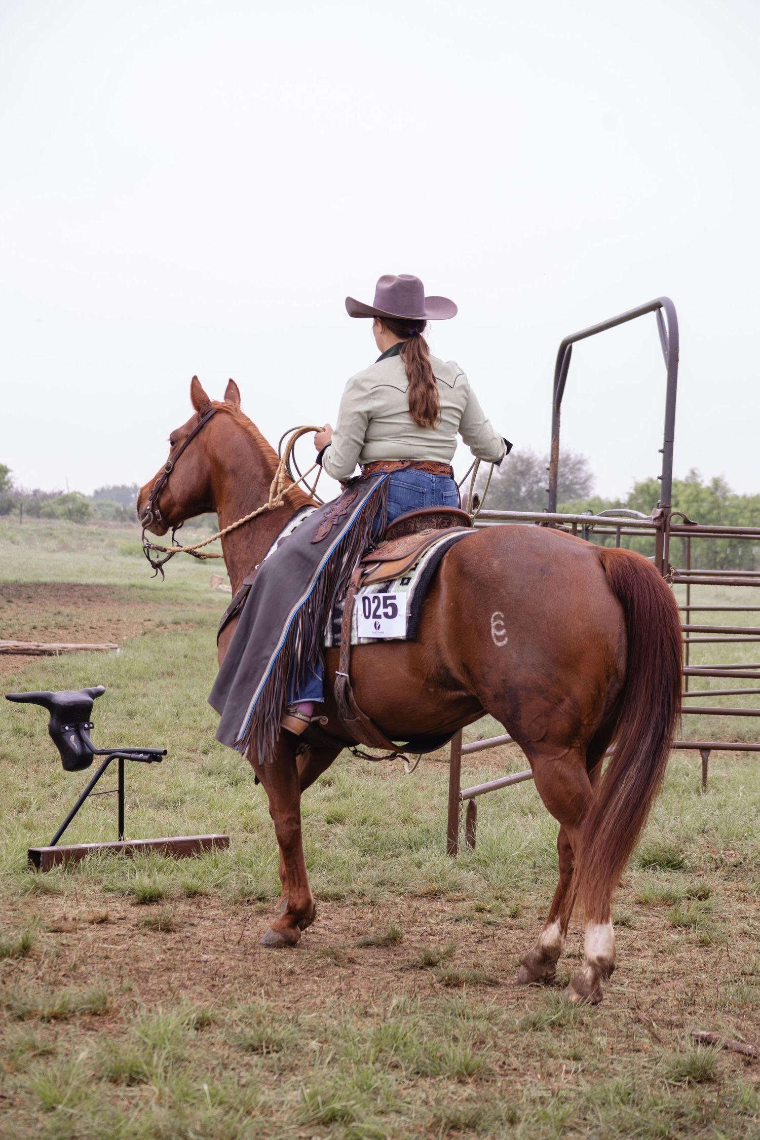 Cowgirl in hat rides chestnut horse with number 025 at outdoor rodeo competition near metal gate.