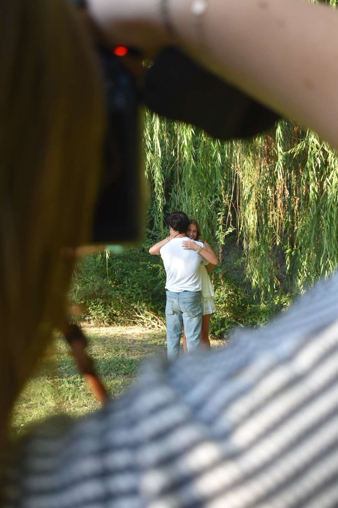 People walking under weeping willow trees in a park setting.