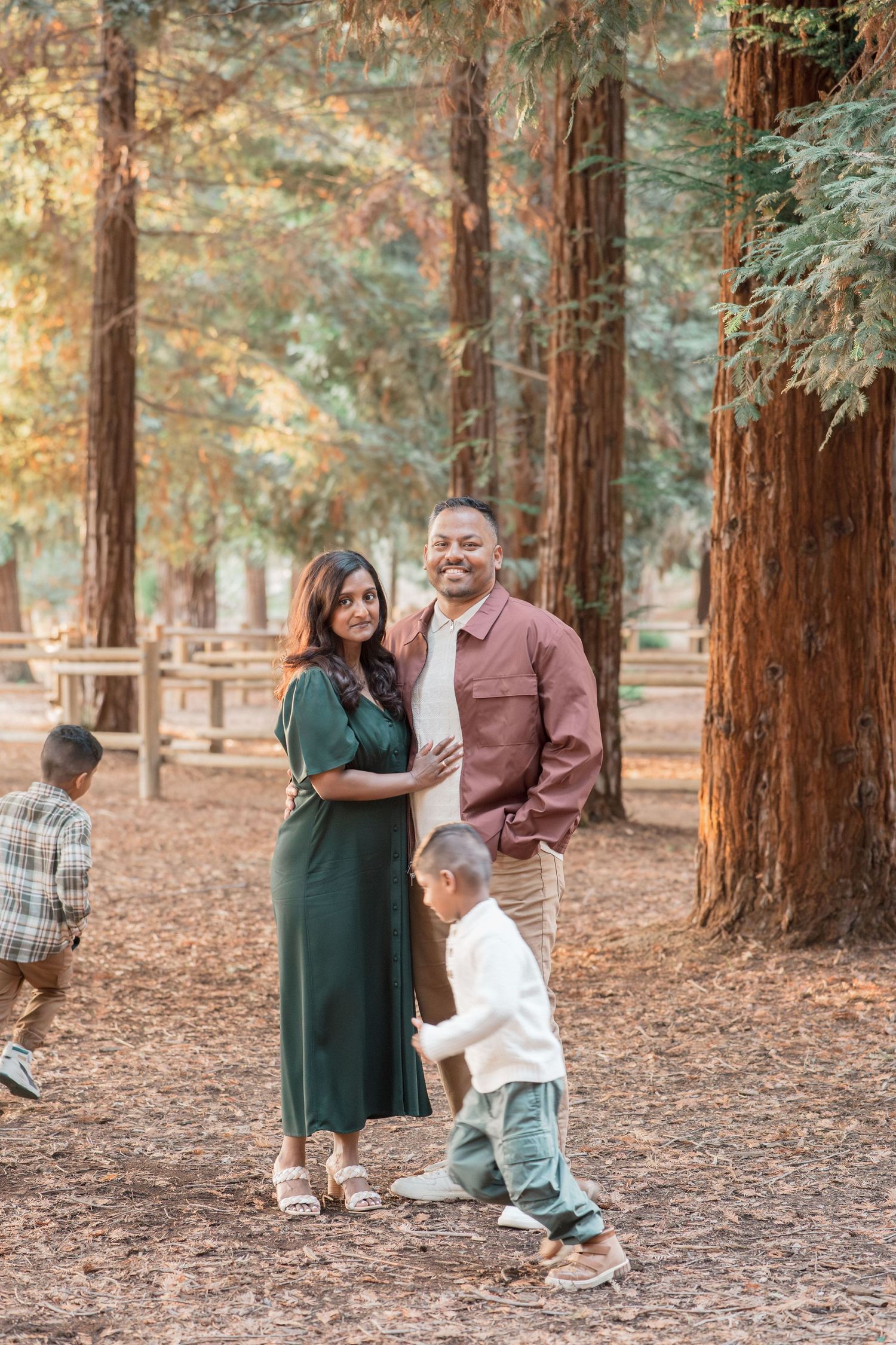 A family of four poses among tall redwood trees, with two young boys playing around their smiling parents.