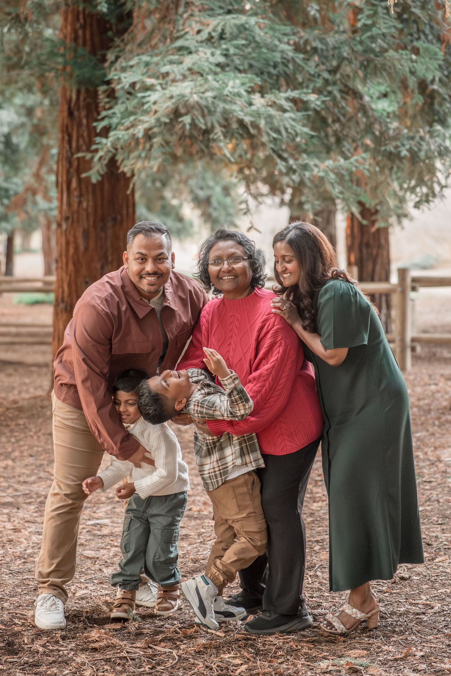 A multigenerational South Asian family laughs and embraces together among towering redwood trees.