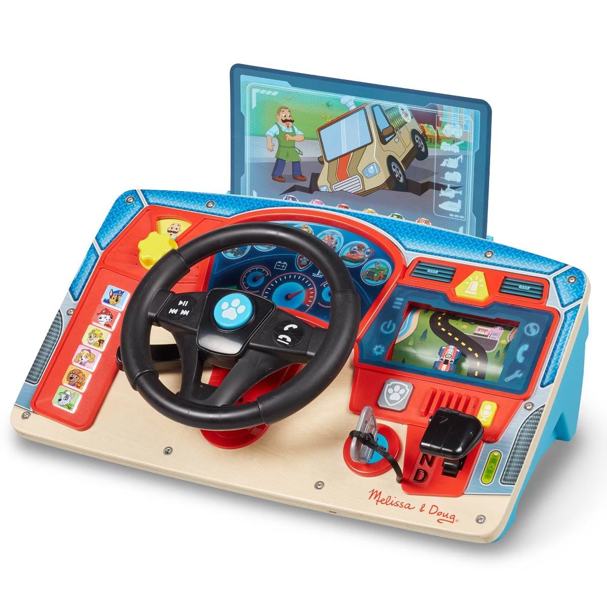 Melissa & Doug wooden toy dashboard with steering wheel, GPS screen, and colorful interactive driving controls for kids.