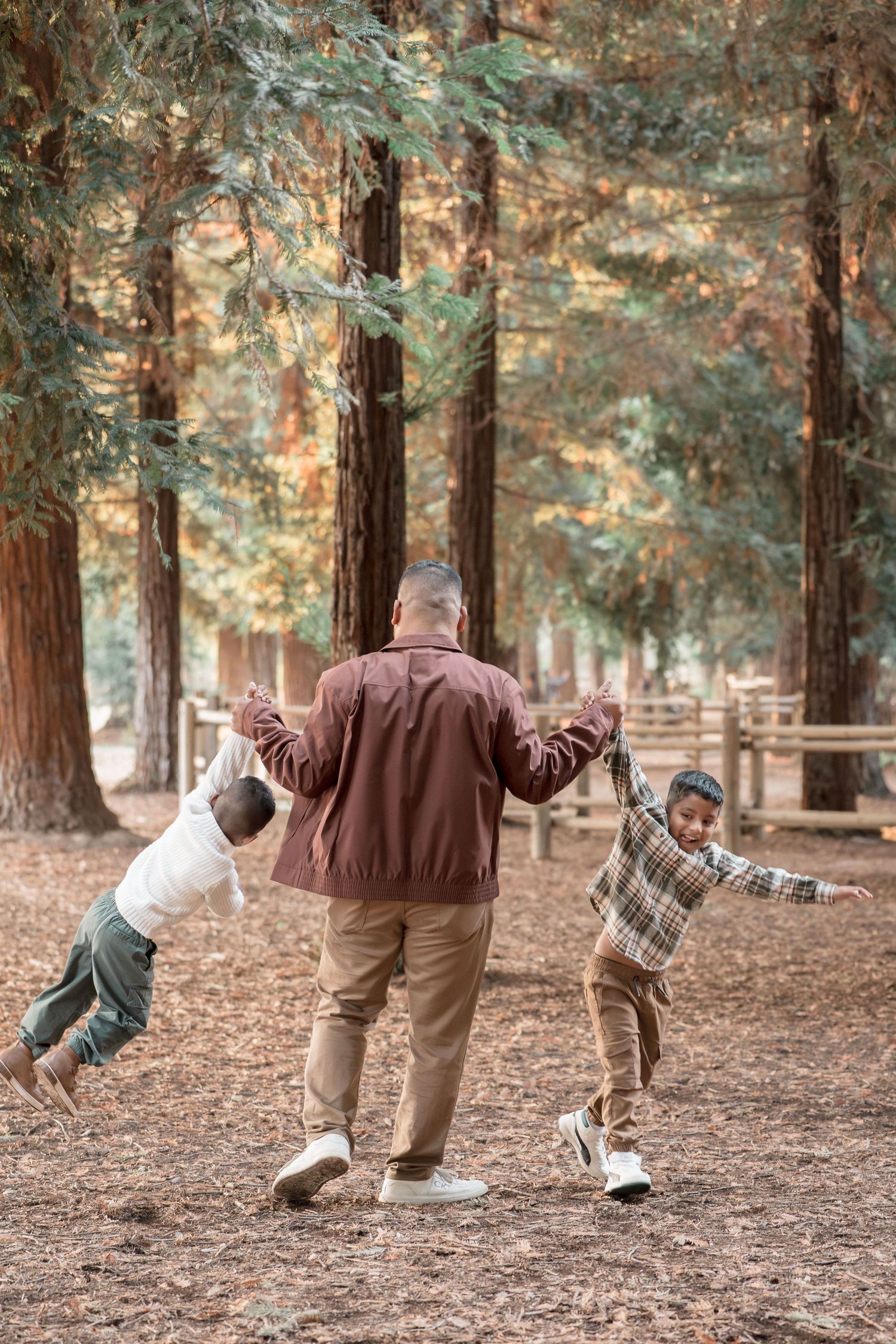 A father in a brown jacket plays with his two energetic young sons in a scenic redwood forest.