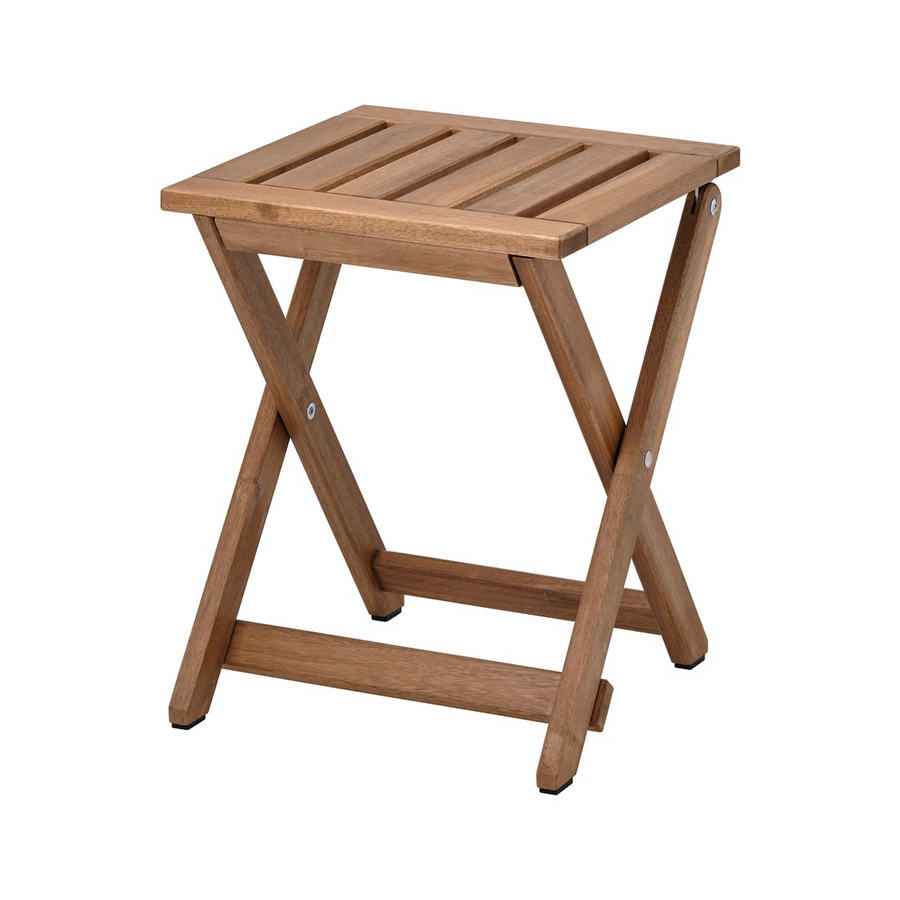 Folding wooden stool with slatted seat and X-shaped legs, perfect for outdoor or indoor use.