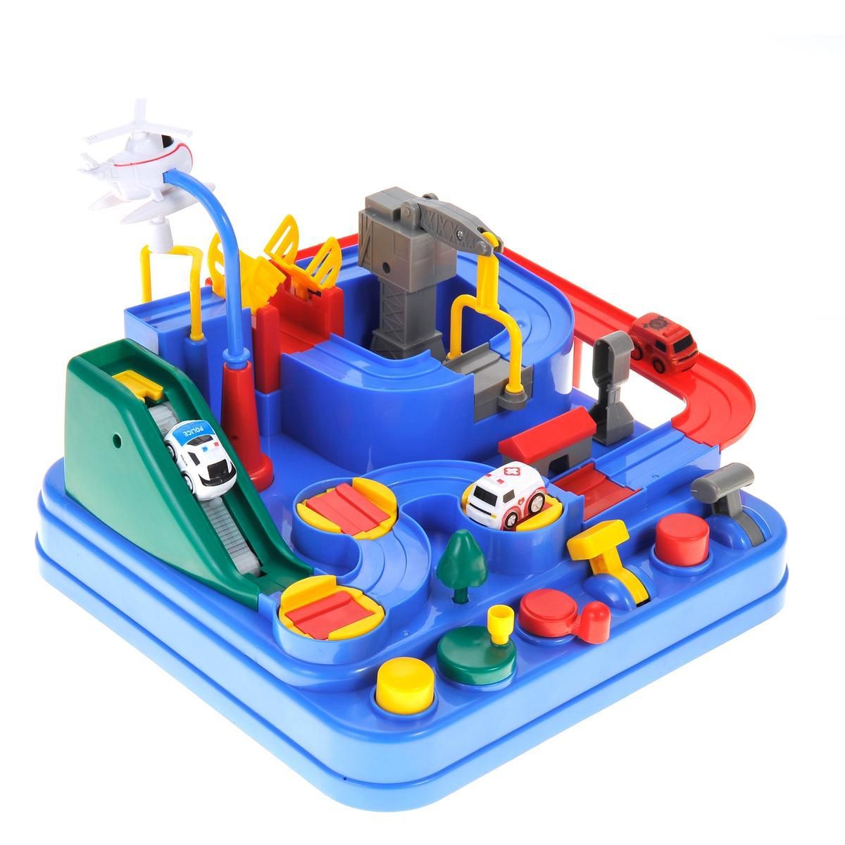 Colorful children's toy car race track playset with vehicles, ramps, and interactive features on a blue base.